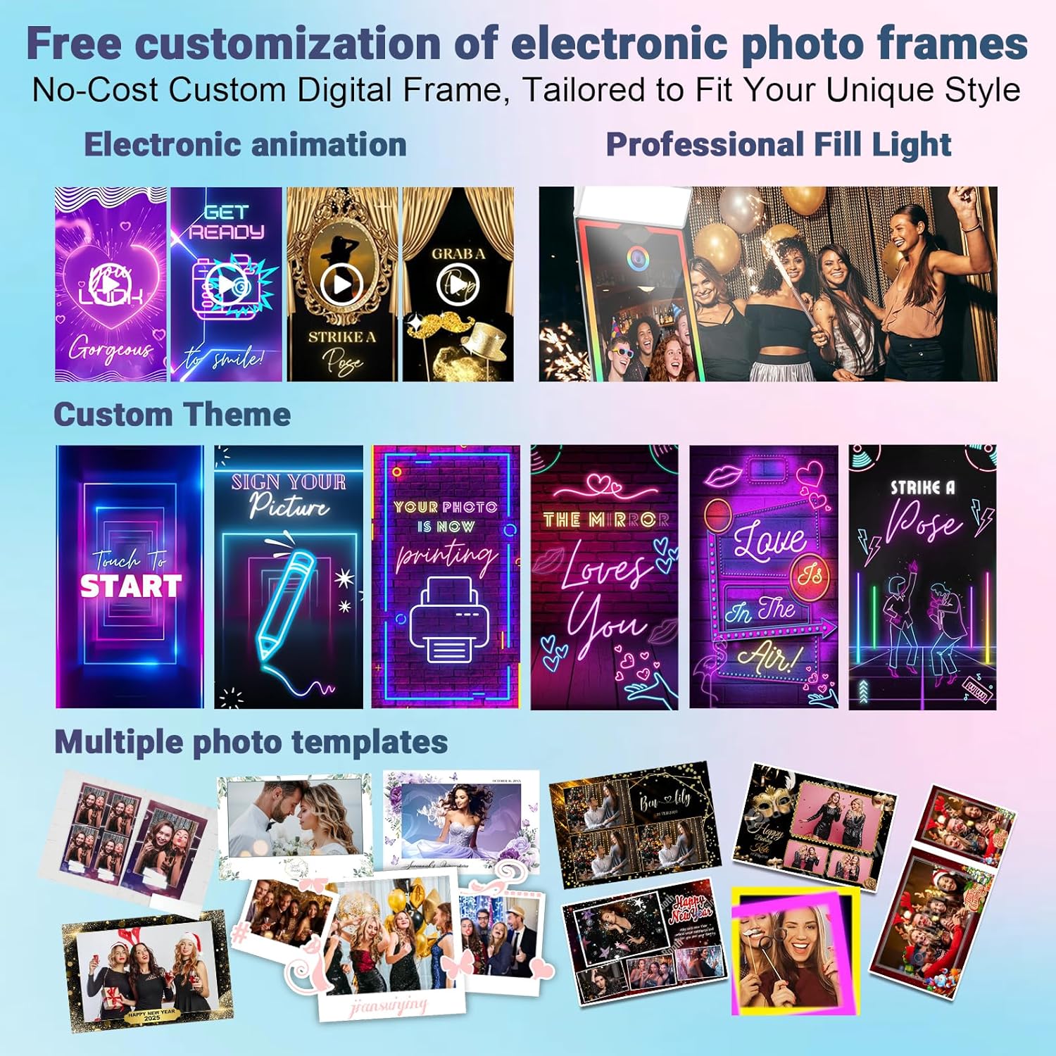Magic Mirror Photo Booth, 65'' Mirror Photo Booth with Camera and Printer, 43'' Interactive Touch Screen, with Square Light, Instant Print – Suitable for All Types of Photography Needs(Black)