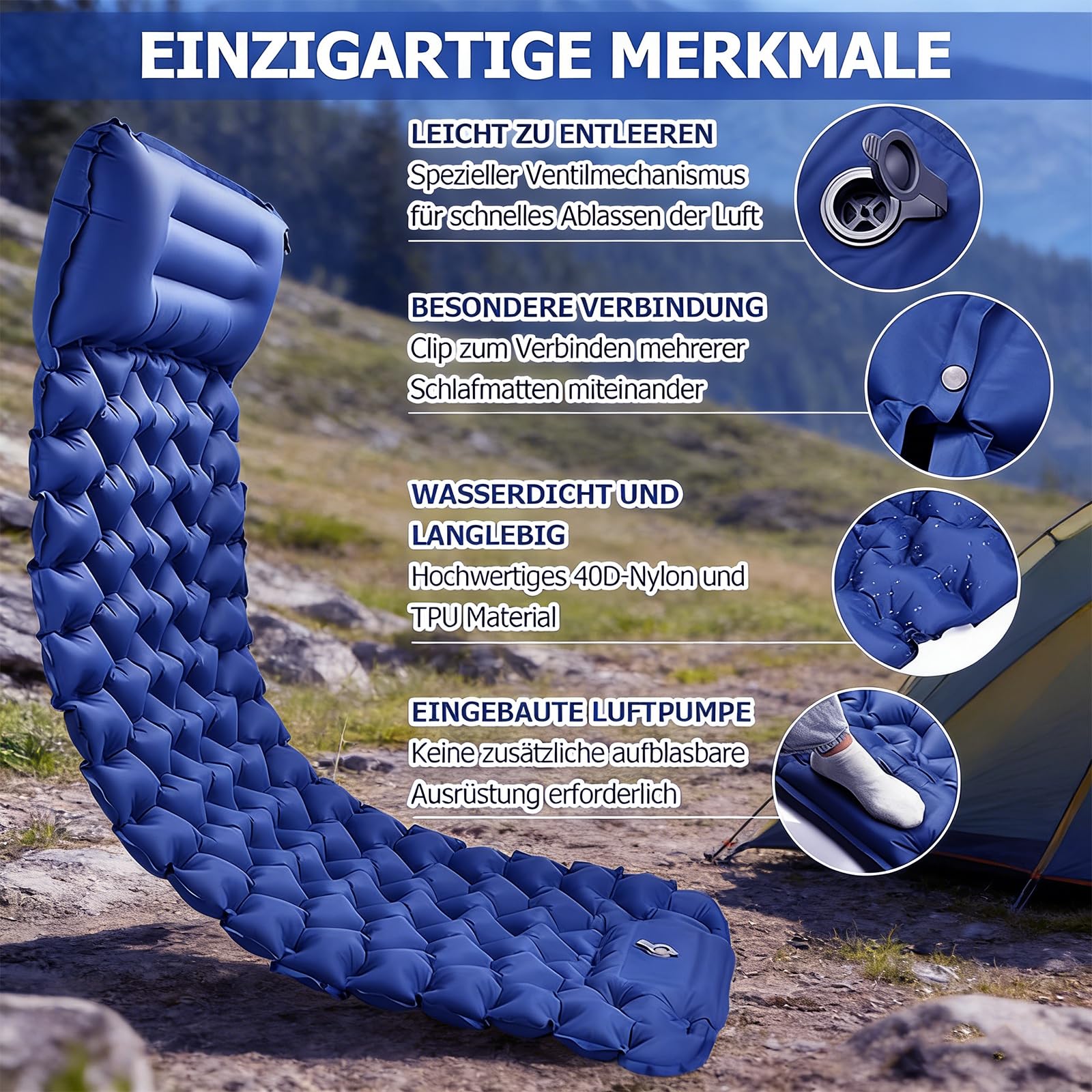 Isomatte Camping Schlafmatte, Aufblasbare Isomatte Ultraleicht, Sleeping Isomatte mit Kissen & Fußpumpe, Kompakte Leichte Schlafmatte für Rucksackreisen, Wandern, Reisen, Zelt (Blue)