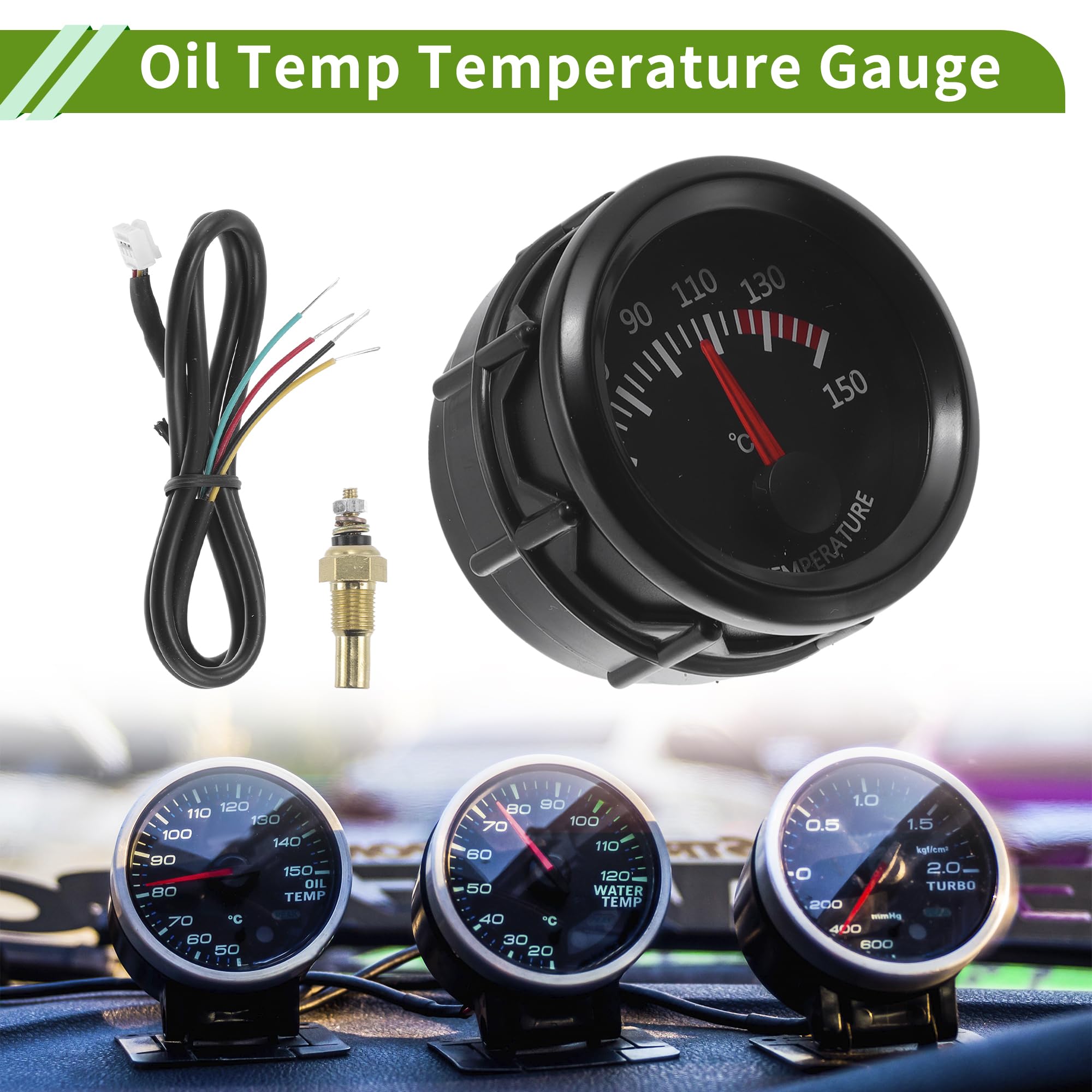 Kit Jauge Température D'Huile Noire 1pc 50-150°C 52mm ABS 12V | Pour Voitures, Motos, VTT, Bateaux, Camping-Cars, Etc., Lumière Blanche, 12V DC, Plage 50°C-150°C, Installation Facile