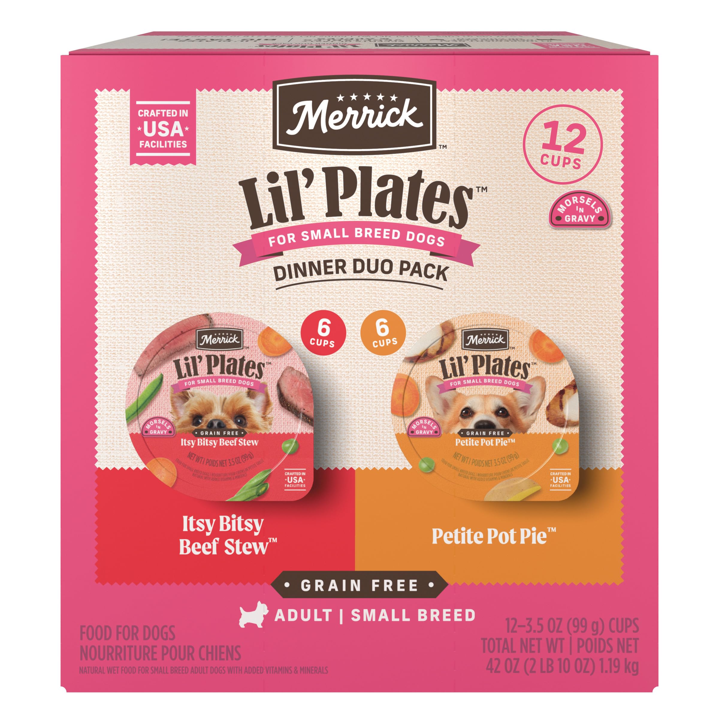 Merrick Lil’ Plates Grain Free Dinner Duos Soft Natural Wet Small Dog Food Variety Pack, Beef and Chicken - (Pack of 1) 2.6 lb. Tubs