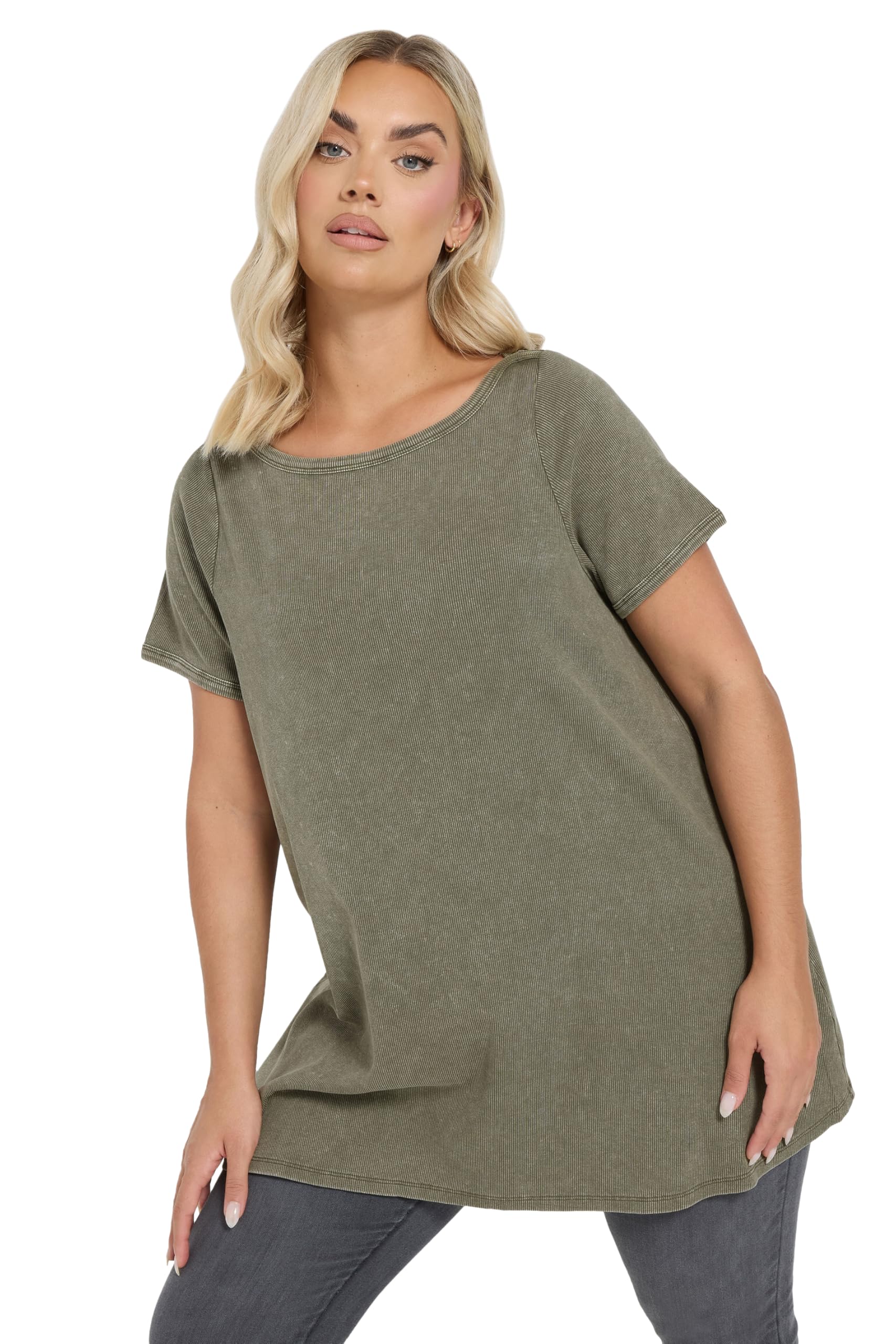 Yours Acid Wash Ribbed Swing T-Shirt Light Khaki Female Size 14