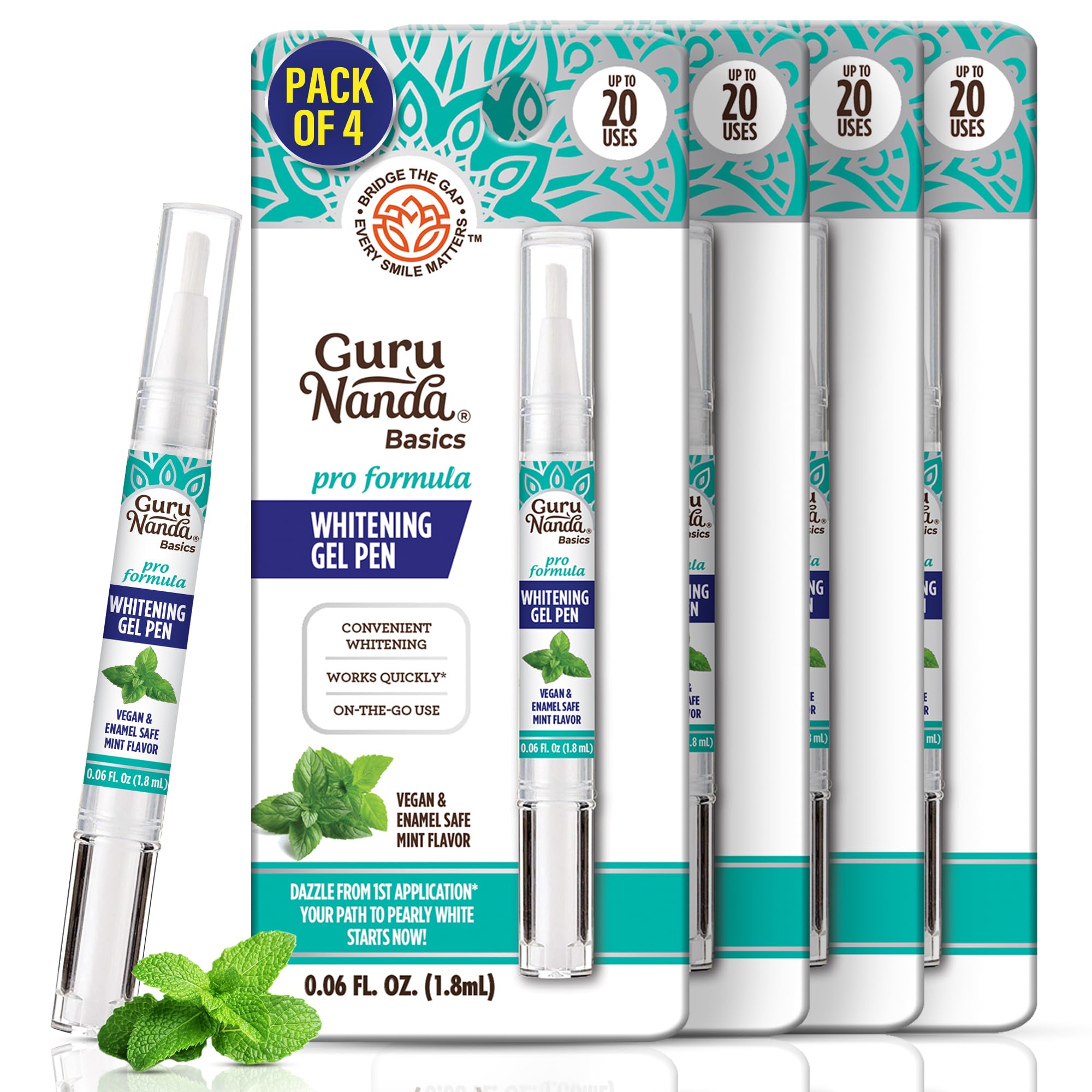 Teeth Whitening Pen,(0.06 fl oz)-20 Uses, Pro Formula - Hydrogen Peroxide Whitening Gel Pen, Enamel-Safe, Cruelty-Free, Vegan, Mint Flavor (Pack of 4)