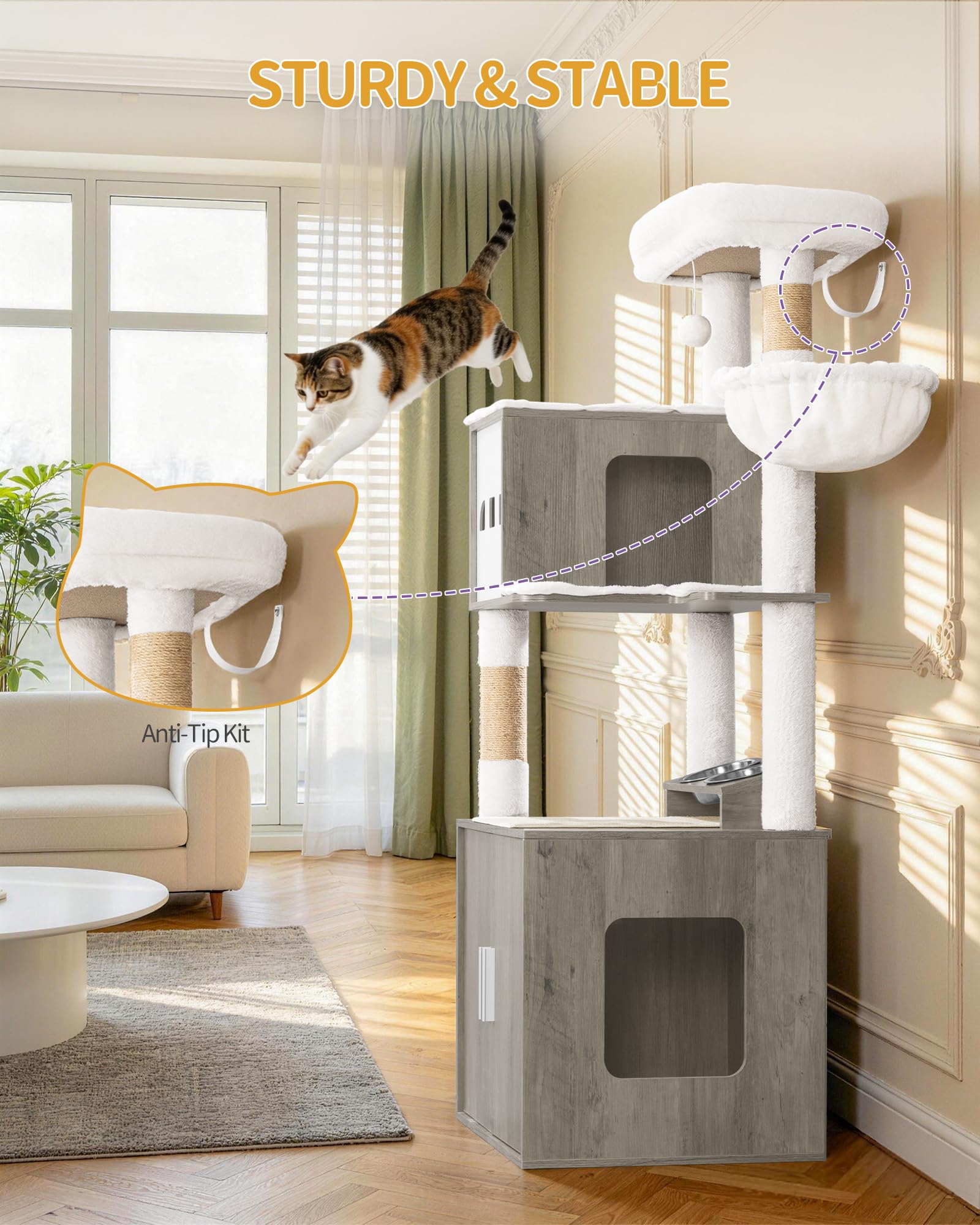 Hzuaneri Arbre à Chat avec Meuble Litiere Chat, 150 cm Haut, Sisal, Grège | Mangeoire, Maison de Toilette Chat, Grande Plateforme, Colonne Balles Peluche, Coussin Lavable, Balles en Peluche, CB88405WT
