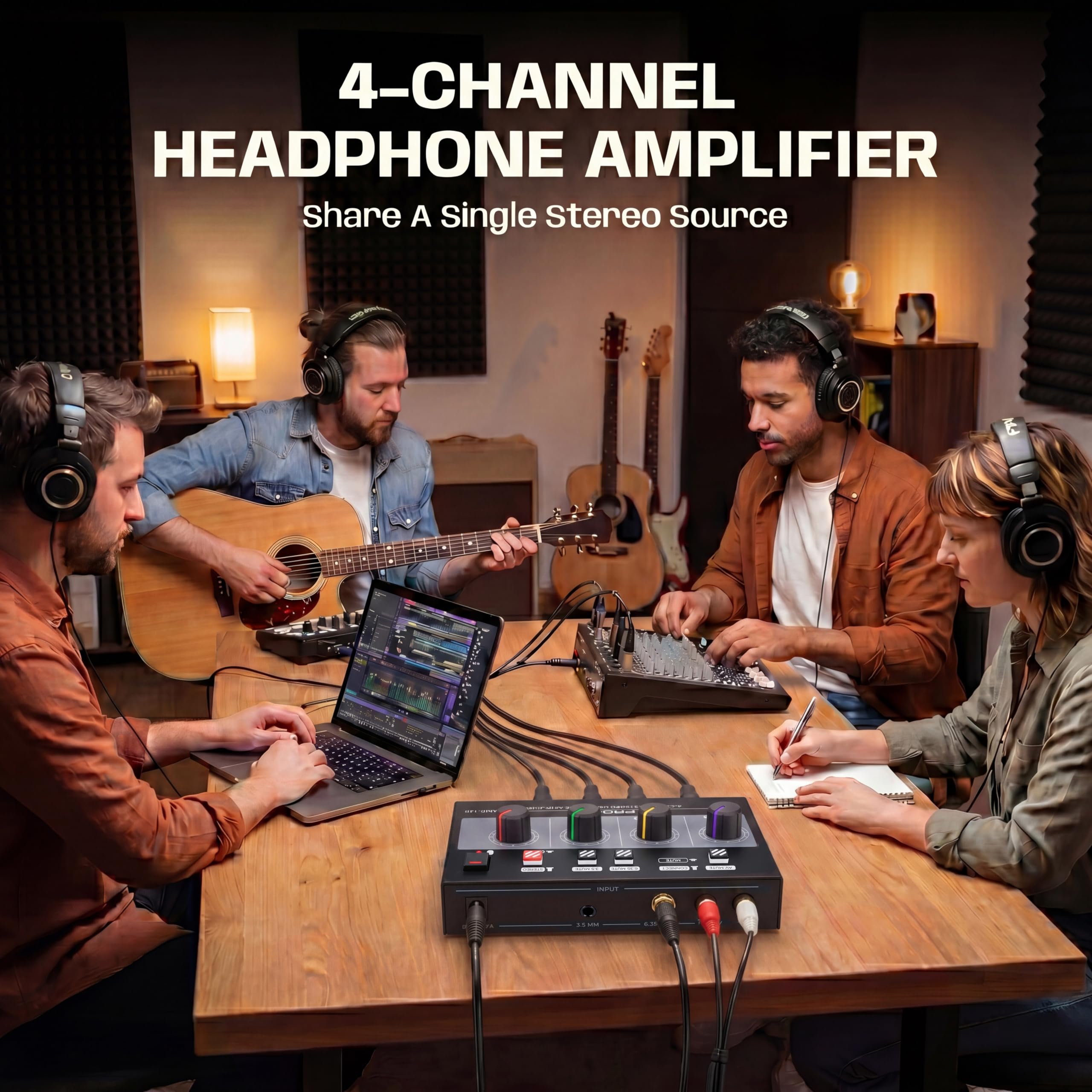 Amplificatore per cuffie a 4 canali con luce a 7 colori, amplificatore per cuffie per studio musicale con splitter audio per cuffie mono/stereo multi-porta in metallo con uscita cuffie TRS da 1