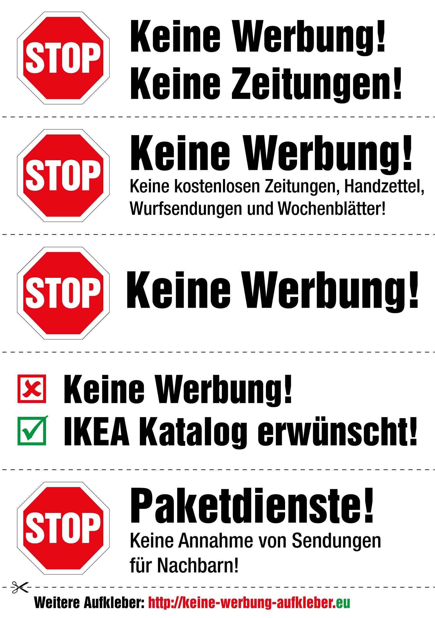 immi 40 Aufdrucke, Stop Keine Werbung Aufkleber (Wieder ablösbar - Verschiedene)