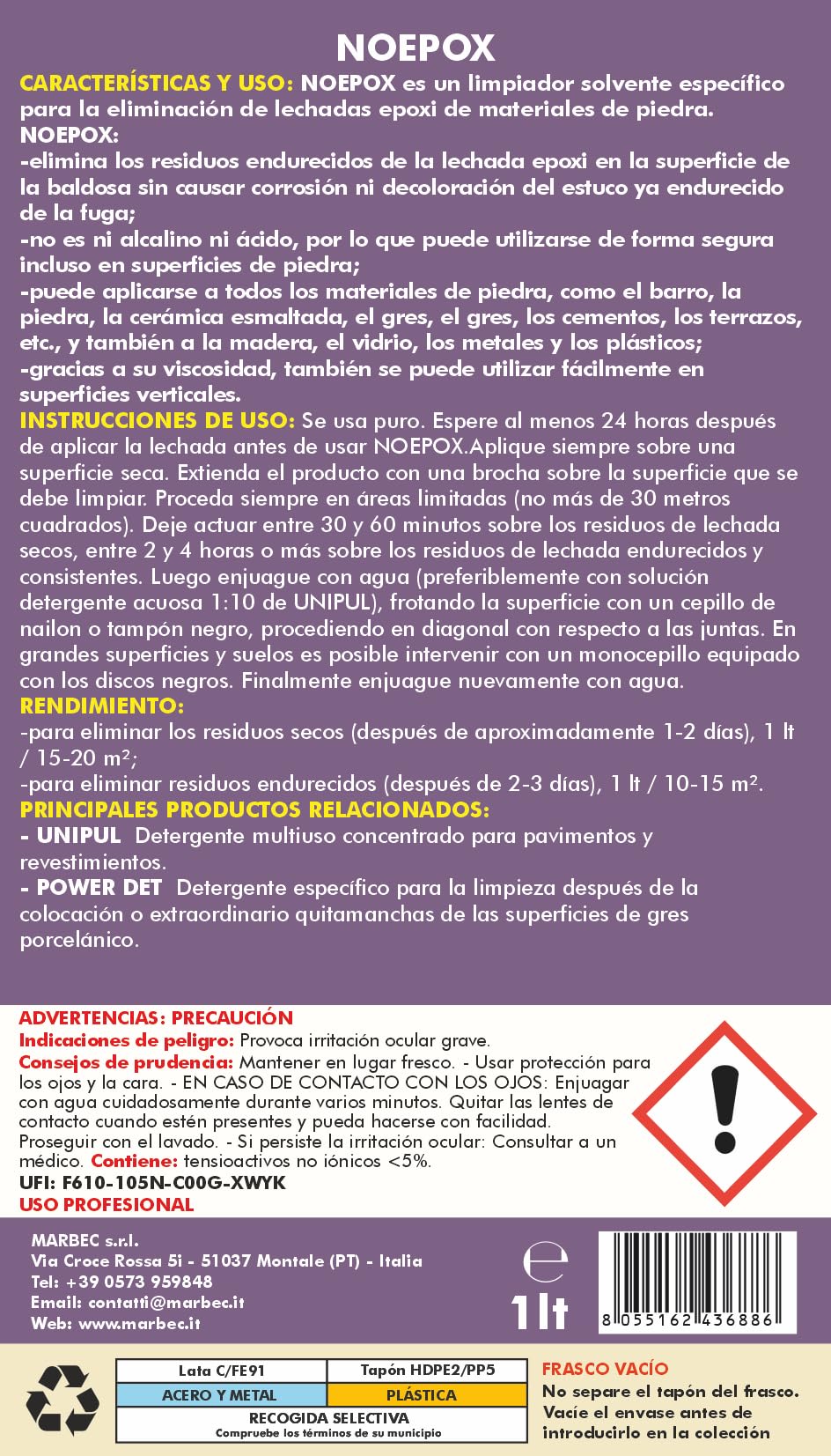 MARBEC NOEPOX 1LT + TAMPÓN NEGRO Limpiador espeso específico para eliminar residuos y manchas de lechadas epoxi en gres, cerámicas, granitos y cuarcitas.