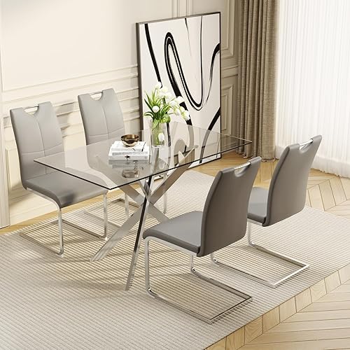 Miniatura 10 de Juego de mesa de comedor de vidrio de 51.18 pulgadas de ancho para 4, mesa de cocina rectangular moderna de vidrio con patas de metal dorado, 4 Mesa