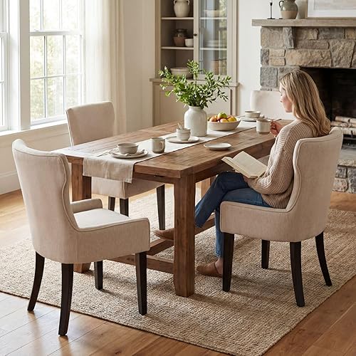 Juego de 4 sillas de comedor de madera, sillas de comedor tapizadas con respaldo de ala y patas de madera de caucho, silla decorativa de madera