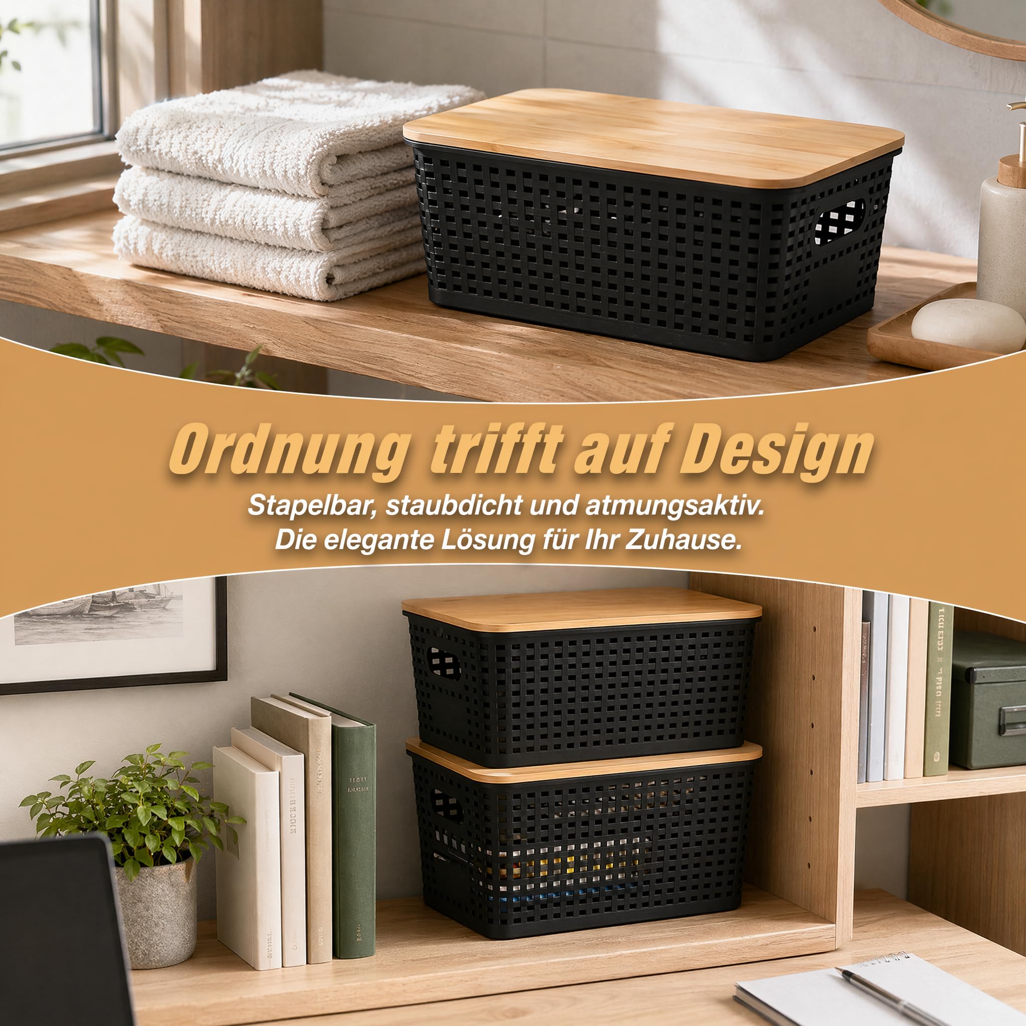 Scatola portaoggetti con coperchio, piccola, nera, 6 pezzi, 5 l, organizer da bagno e cucina, scatole impilabili con coperchio in bambù (6 pezzi (25 x 18 x 10 cm)