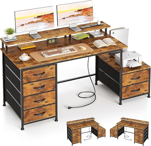 Escritorio de oficina de 52 pulgadas con 6 cajones y espacio de impresora para almacenamiento, escritorio reversible para computadora con soporte