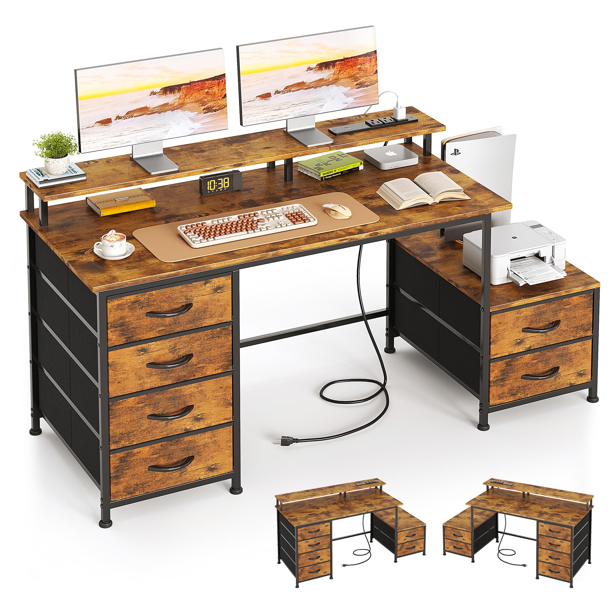 Photo 1 of 52 Inch Office Desk with 6 Drawers and Printer Space for Storage, Reversible Computer Desk with Monitor Stand & Power Outlets, Home Office Desks, Vintage Brown