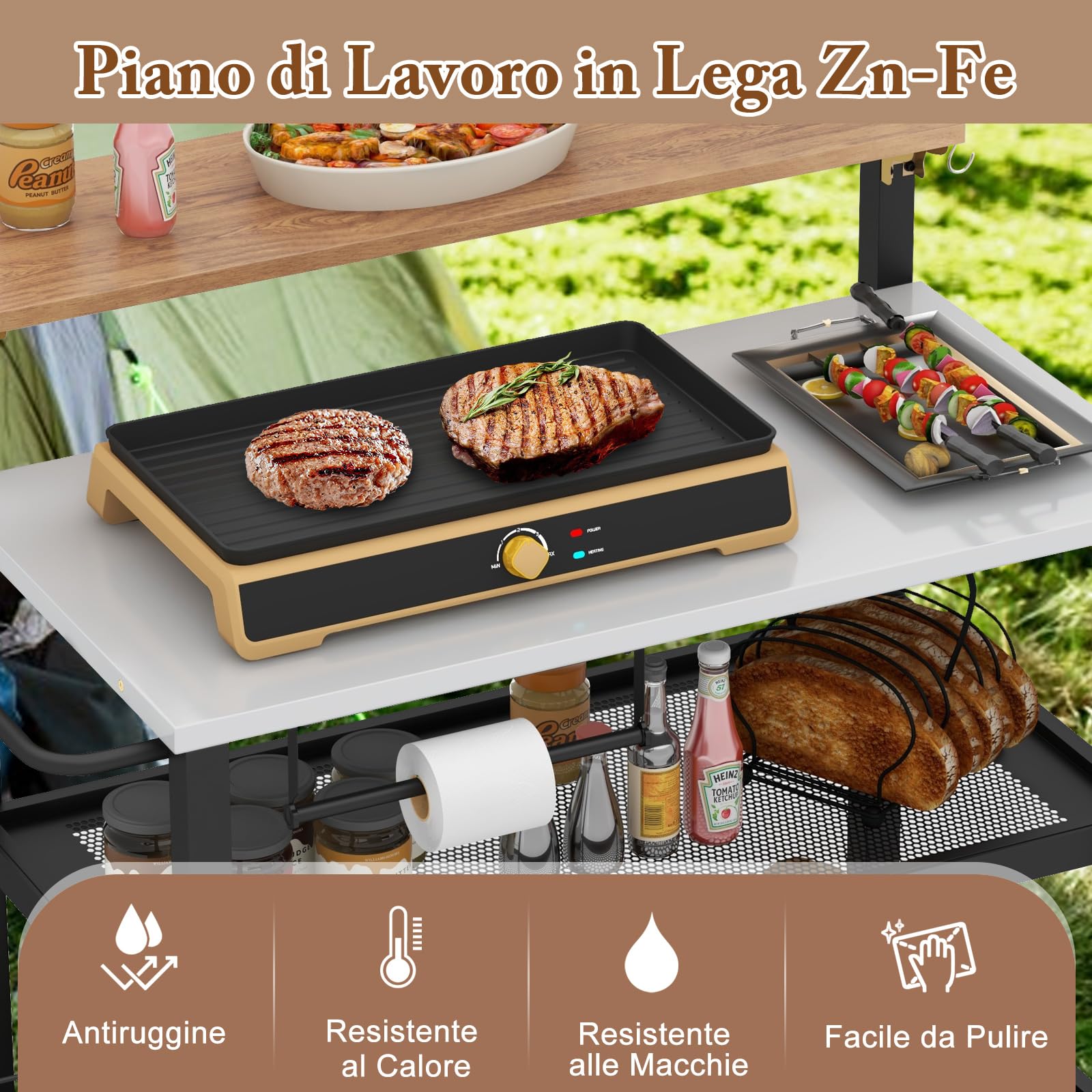GYMAX Carrello Bar con Piano Ribaltabile, Supporto per Forno a 3 Ripiani con Ruote, Scaffali e Ganci, Carrello per Griglia con Porta Carta Asciugamani/Sacchetti, Carrello da Servizio da Esterno