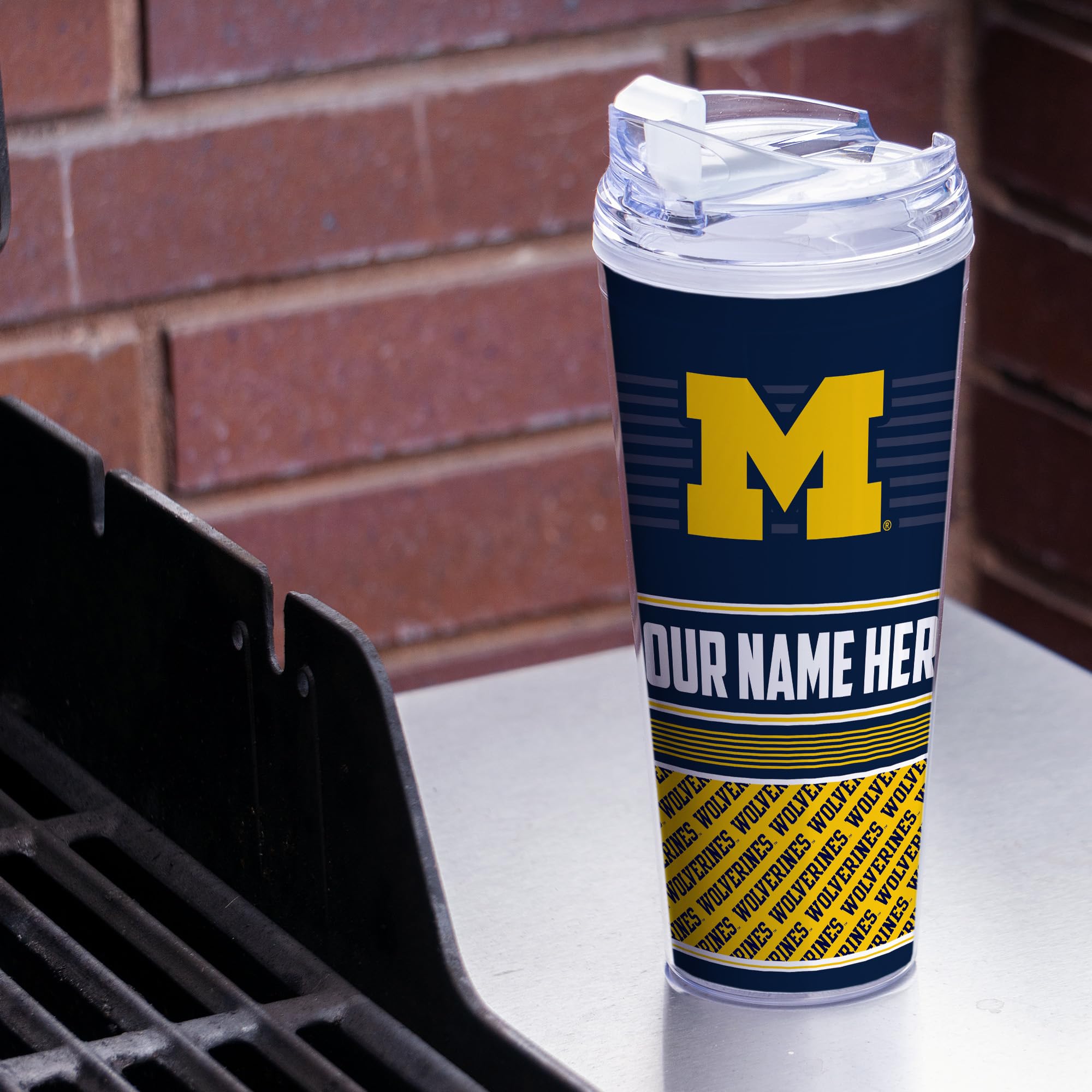 Rico Industries NCAA Michigan Wolverines Primary 24oz Personalized Tumbler W/Hinged Lid - Team Colored Travel Tumbler - Keeps Drinks Cold or Hot