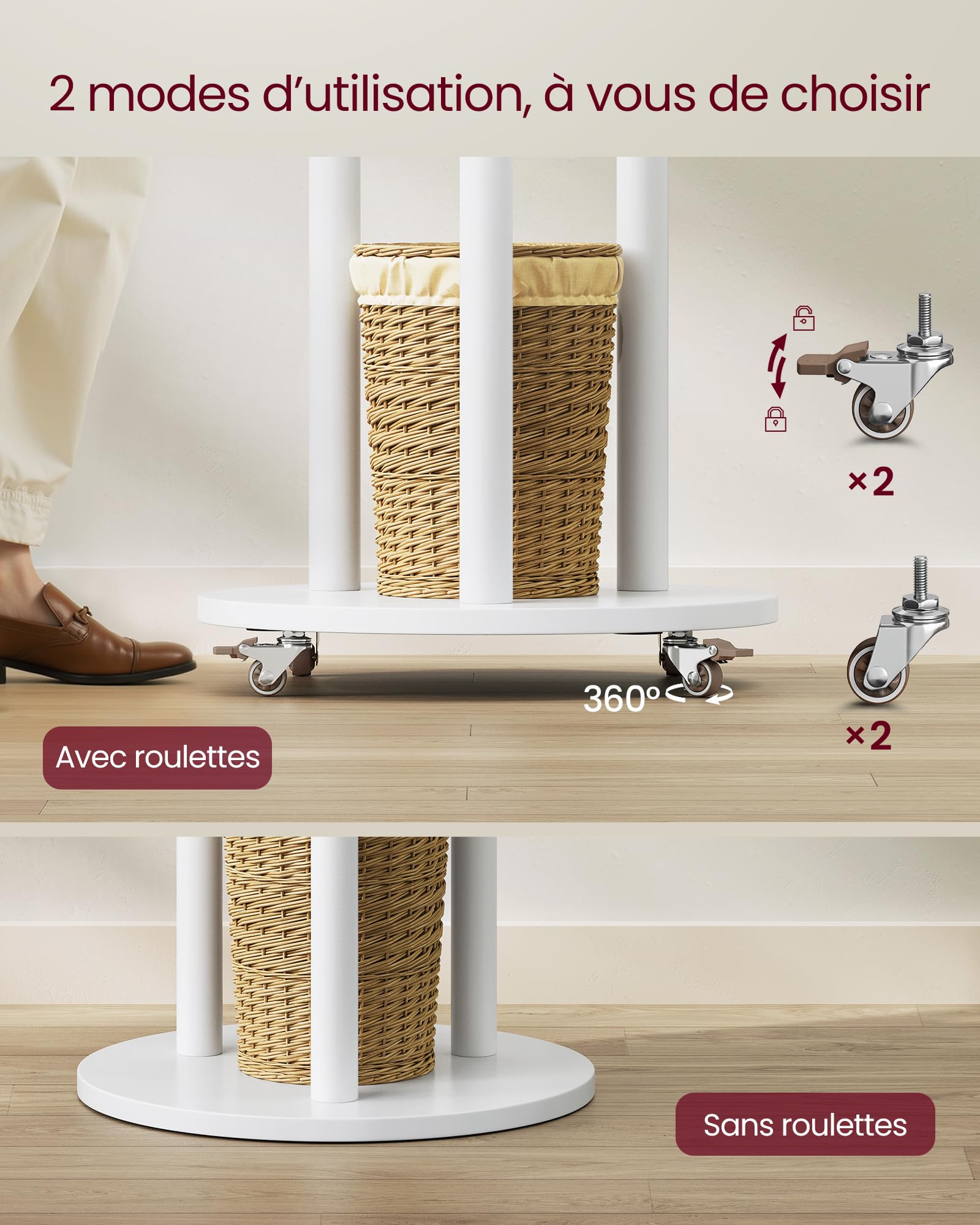 VASAGLE Portemanteau, avec 11 Crochets et 3 Étagères, 4 Roulettes Pivotantes à 360°, Mobile, Crochet et Poteau en Bois, pour Entrée, Chambre, Salon, Blanc Nuage RCR023W01
