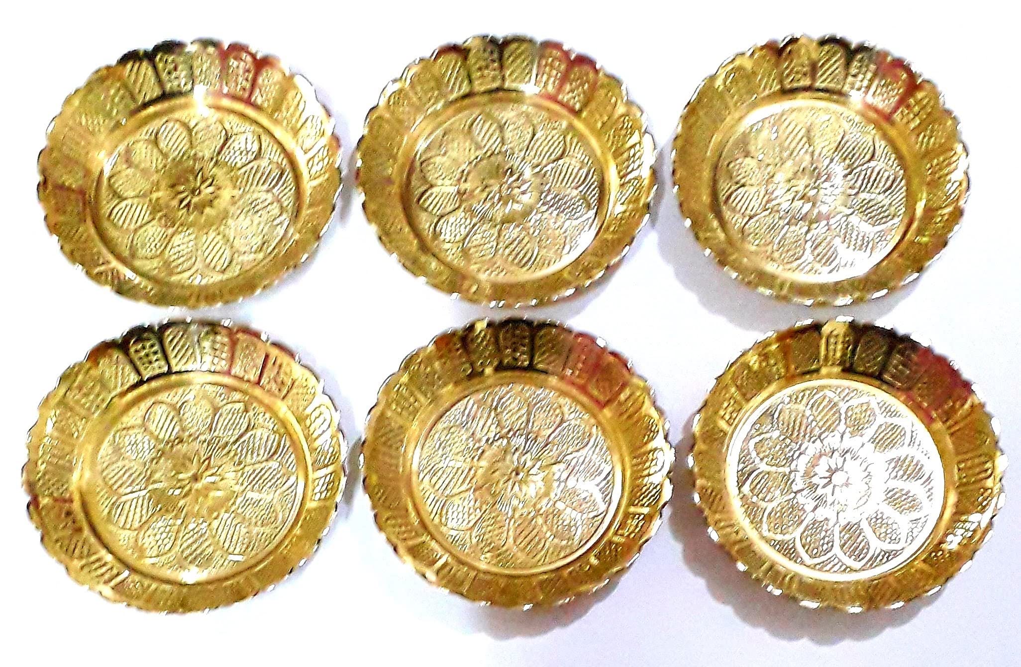 Small Size Pure Golden Brass Plate for Puja/Diwali/Bhog Thali with Beautiful Flower Embossed Design (Size 3.6 inch) Set of 6pcs