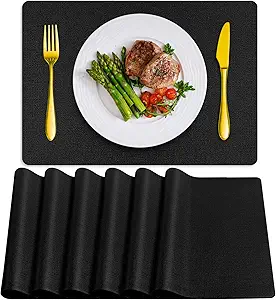 Placemats Set of 6 Washable, Heat Resistant Table Placemats Wipeable Faux Leather Place Mats Non Slip, Black1