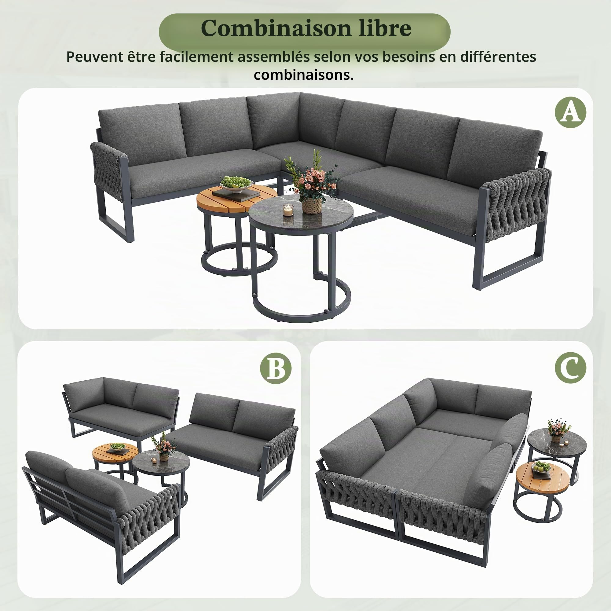 Canapé de Jardin Extérieur 6 Personnes, Ensemble Salon de Jardin avec 2 Tables, Accoudoirs en Poly Rottin, Coussins Inclus, Structure en Métal, pour Salon de Jardin, Balcon, Gris-D
