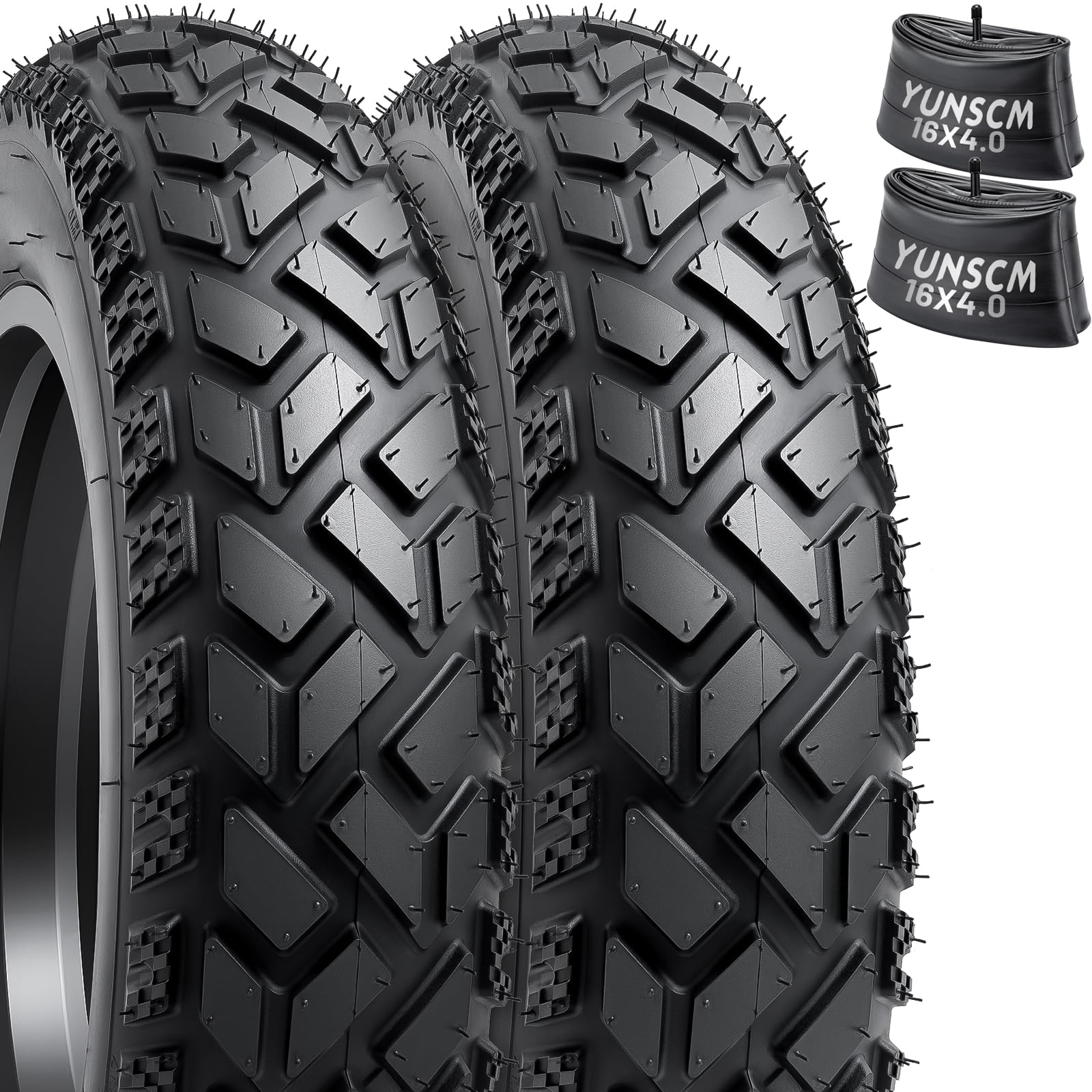 2-PCS 16" x4.0 Fat E-Bike Tires and 2-PCS 16X4 Fat Bike Tubes Scharder Valve Compatible with 16 x 4.0 Electric Bike All-Terrain Directional Tread Bicycle Tires and Tubes(Y-1397)