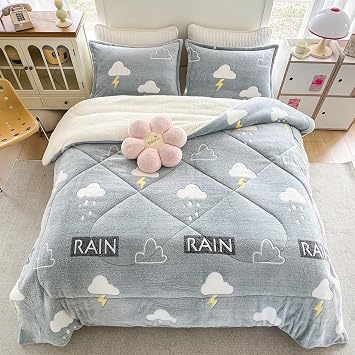 Fleece Comforter Set - 3 Piece Full Size Thick Fluffy Comforters for Her Girls, Plush Cozy Warm, Soft Microfiber Bedding Bedroom Decor Winter 1 Comforter + 2 Pillow Shams