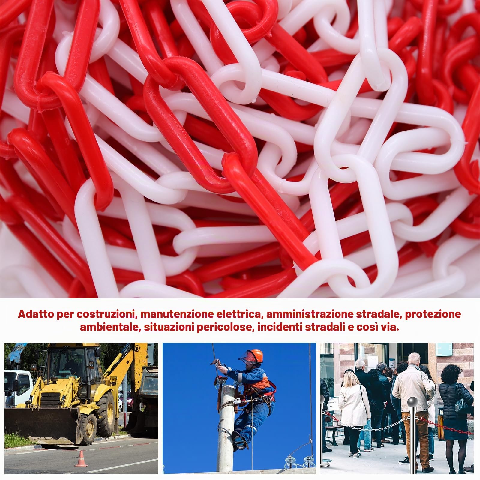 10 m Catena Plastica Rosso e Bianco, Spessore 6 mm, per Bloccare Superfici, Ben Visibile, Stabile e Maneggevole