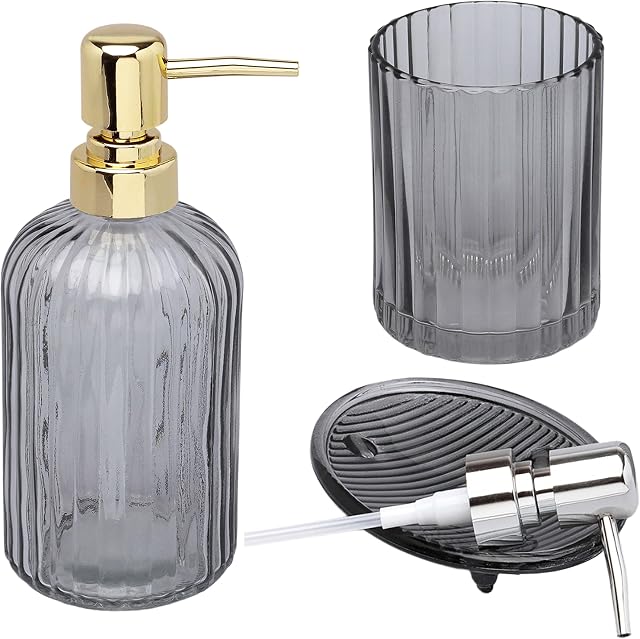 G Decor Designer 3-Piece Smoky Grey Modern Transparent Pressed Glass Bathroom Accessory Set, Includes Liquid Soap or Lotion Dispenser, Toothbrush Holder, Soap Dish