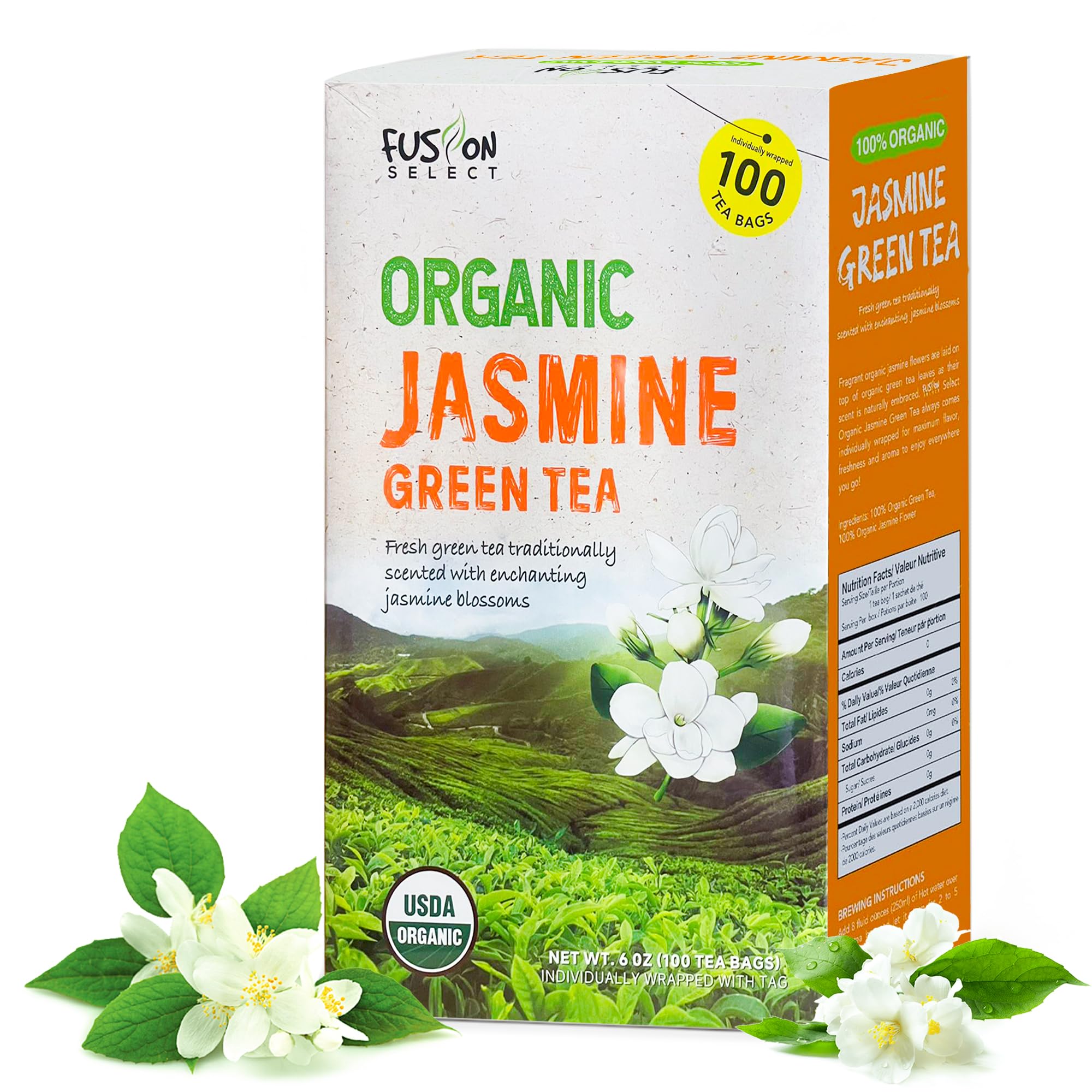 Fusion Organic Jasmine Green Tea - 100 Bags, Traditionally Scented, Refreshing Floral Fragrance - 6oz (170g)