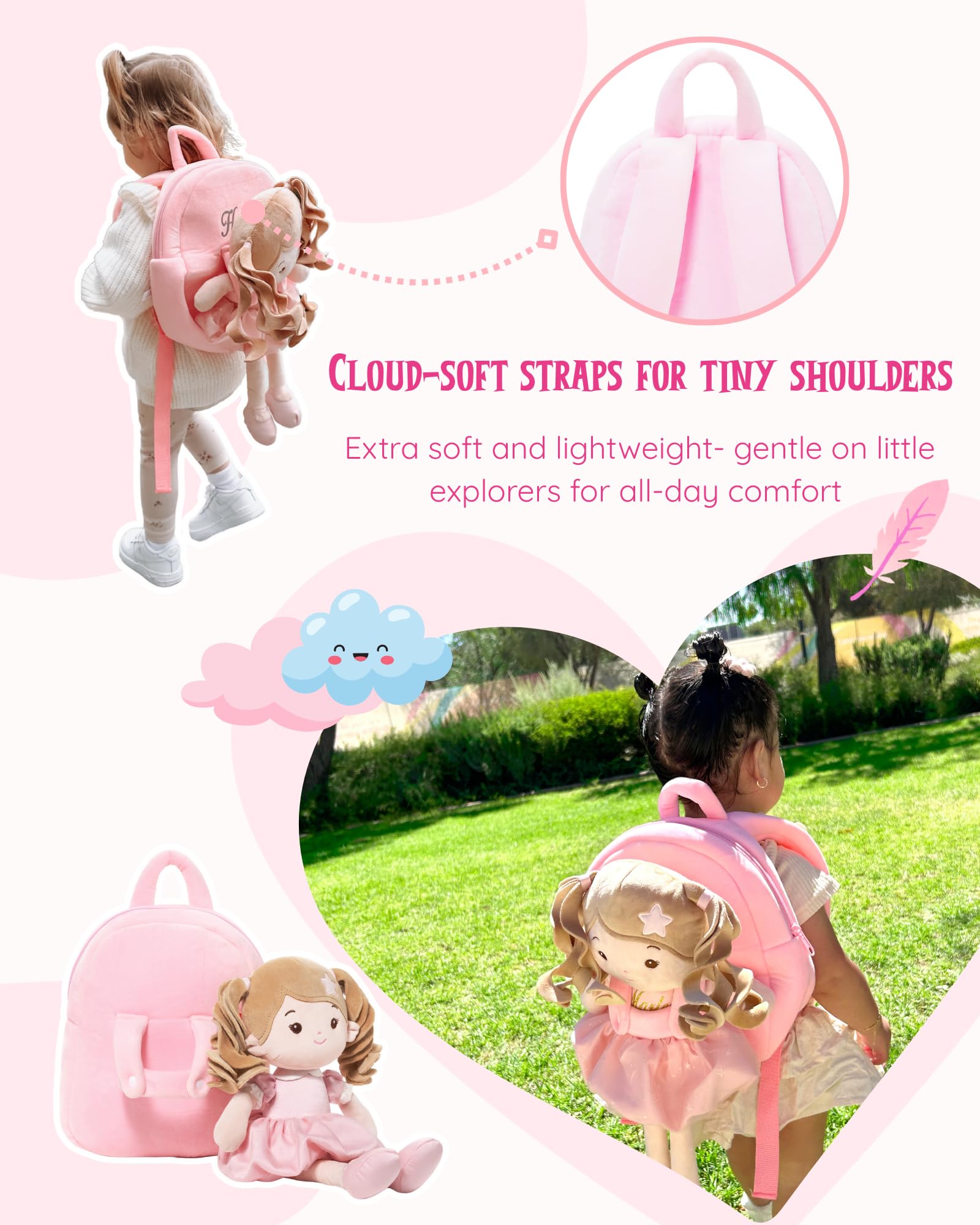 LeyaDoll Personalisiertes, weiches Baby-Puppen-Rucksack-Set, 1 Jahr altes Mädchen, Geschenke | Inklusive pinker Geschenktüte, Schlafenszeit Buddy für Kleinkinder, gesticktes Gesicht und butterweich, maschinenwaschbar