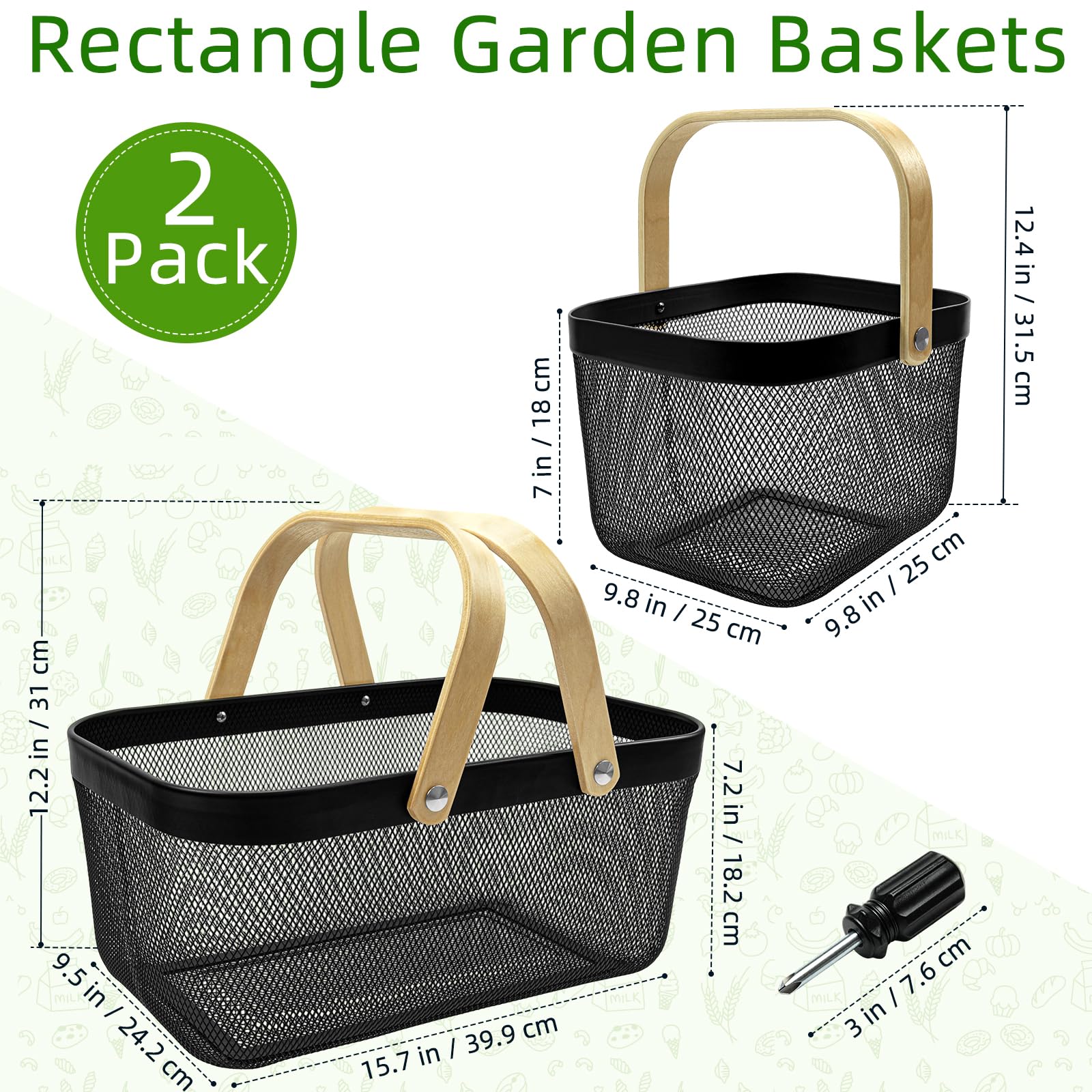 Cheardia Paquete de 2 cestas de picnic, cesta de cosecha de malla de metal con mango de madera plegable, cesta de almacenamiento rectangular para jardín, verduras, frutas, jardín, cocina, armario,