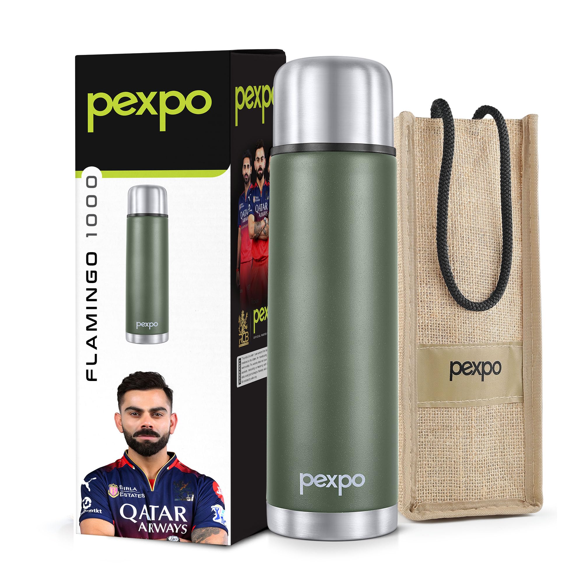 Flamingo ISI Certified Hot & Cold Flask |2 Year Warranty| Stainless Steel Flask with Jute Bag- 1000ml, Military Green | Leak Proof | For Travelling, School, Office, Trekking, Picnic| RCB Edition