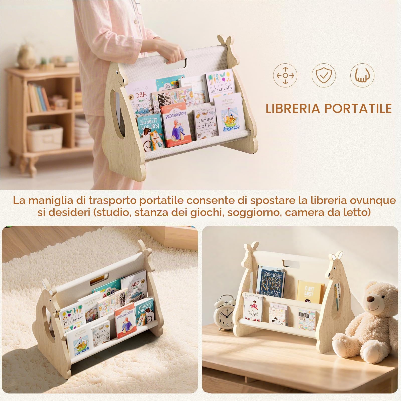 EURYUNG Libreria per bambini in legno – Montessori Mensola per cameretta dei bambini, mobili per la cameretta dei bambini, organizer per libri per bambini