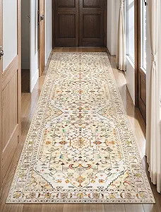 SERISSA Boho Washable Runner Rug, 2'6"x8' Rug Runner Non-Slip Vintage Light Yellow Hallway Kitchen Runner Rug Ultra Soft Print Distressed Floor Carpet Runner for Bedroom Bathroom Laundry Room