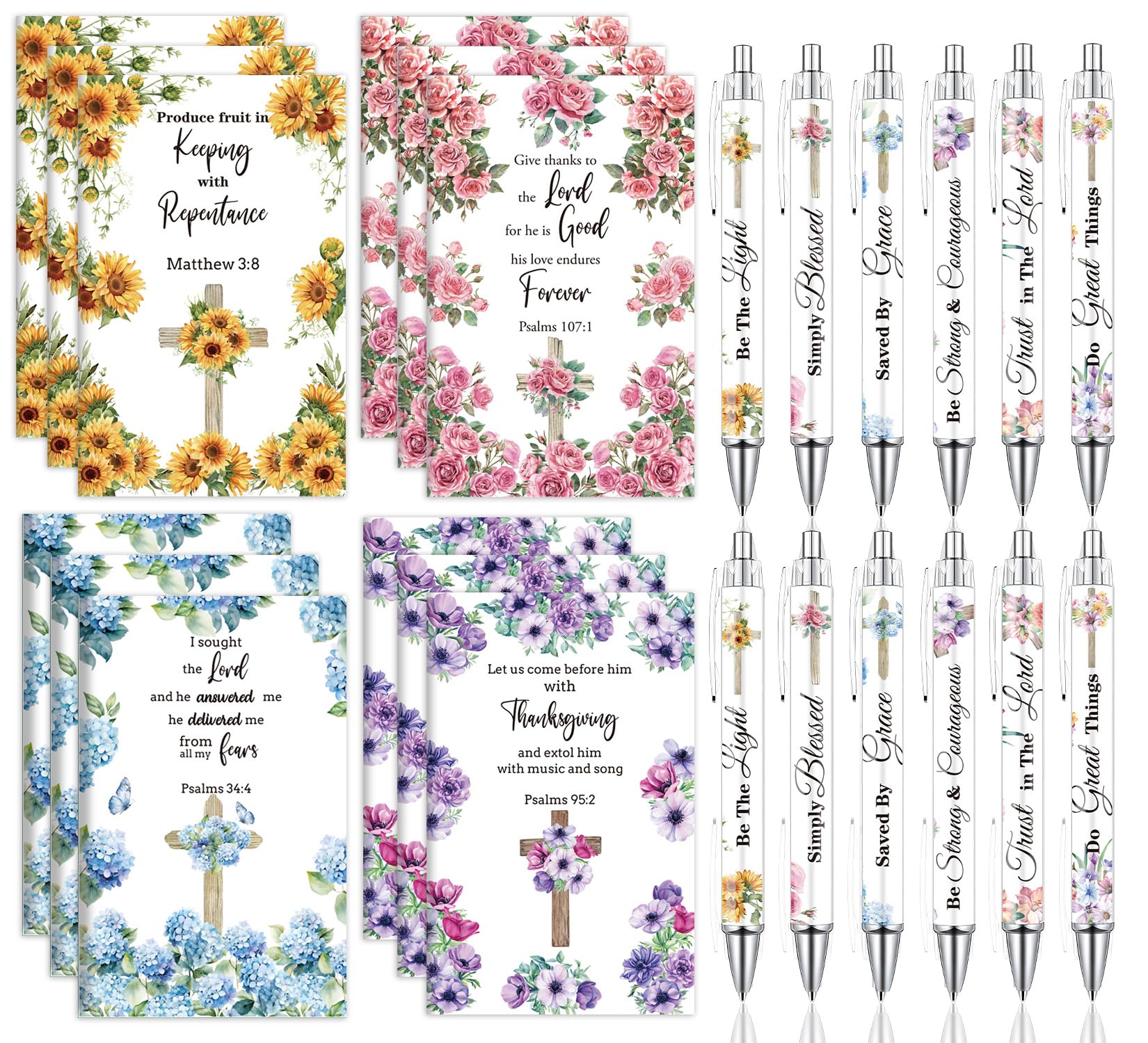 Wxiben Christian Gifts Bulk for Women - 24PCS Inspirational Quotes Pens Scripture Notebooks Flower Bible Verse Ballpoint Pens Positive Religious