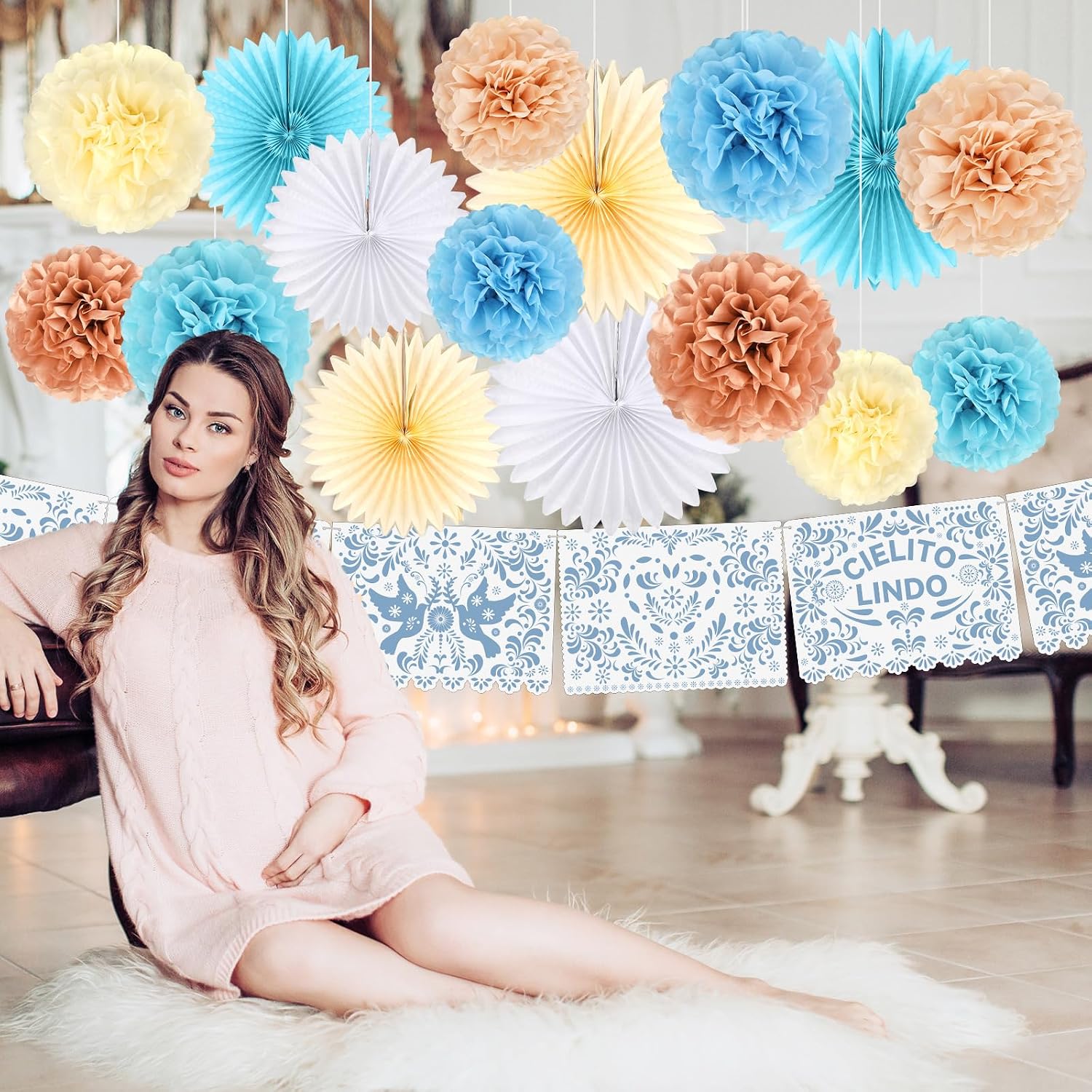 18 Pcs Cielito Lindo Party Decoration Cielito Lindo Decorations Hanging Paper Fans Pom Poms and Paper Banner for Bridal Shower, Fiesta, Engagement, Mexican Baby Shower(Blue)