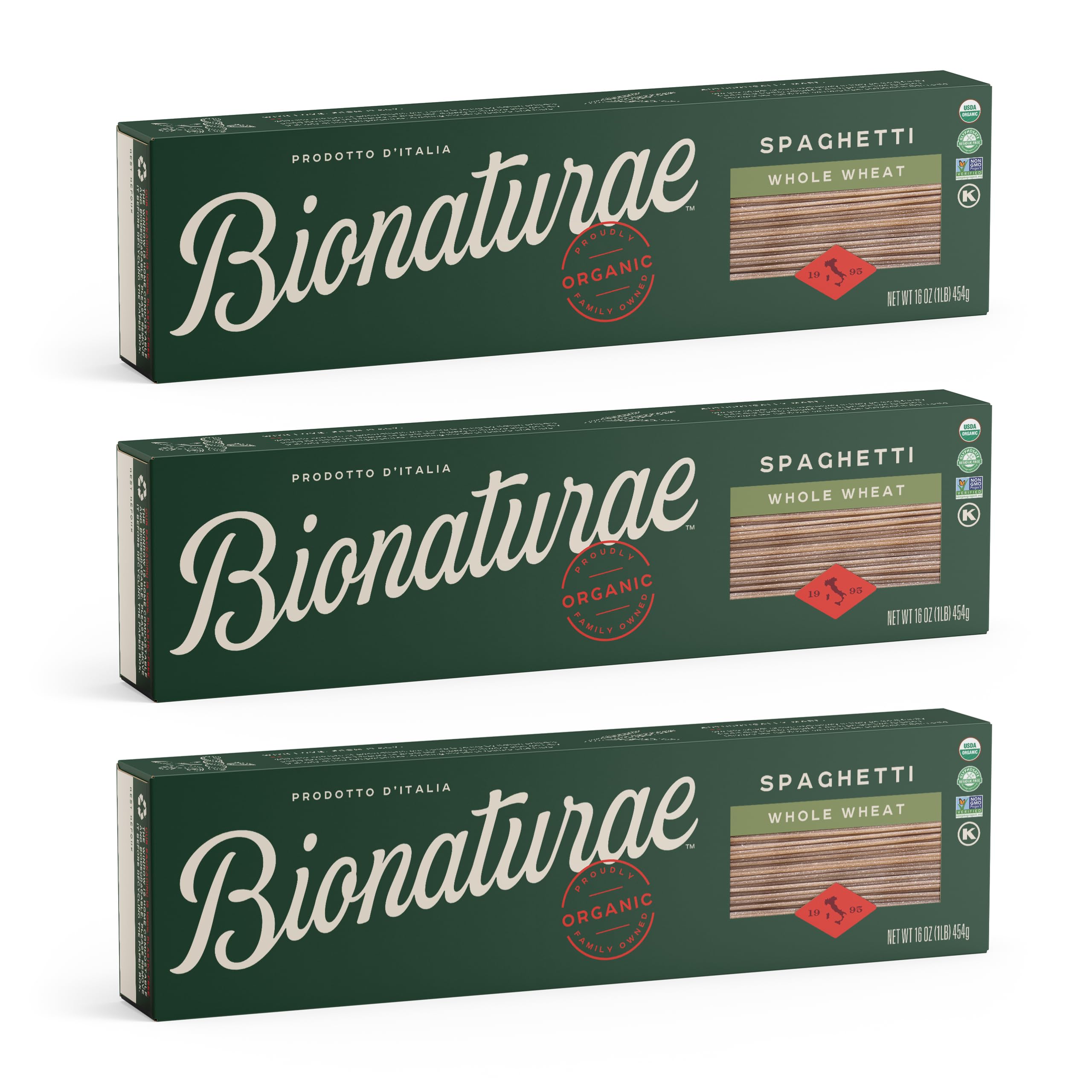 Bionaturae Spaghetti Pasta Noodles - Whole Wheat Pasta, Kosher Certified, High Protein, Non-GMO, USDA Certified, Whole Wheat Spaghetti, Spaghetti Pasta Organic, Crafted in Italy - 16 Oz, 6 Pack