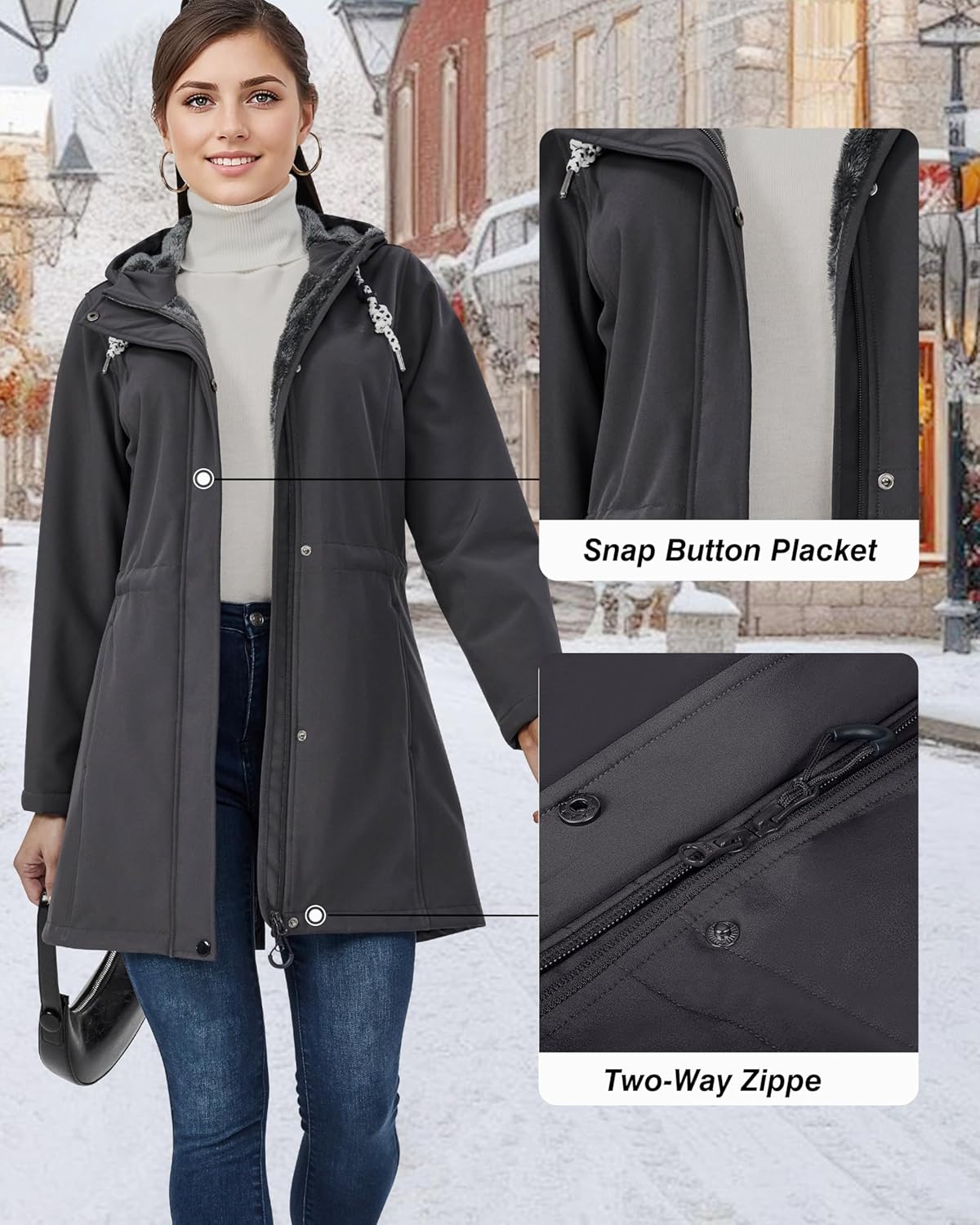 Women's Fleece Jacket Long Soft Shell Insulated Warm Winter Coat Waterproof Windbreaker Hood Parka - Image 5