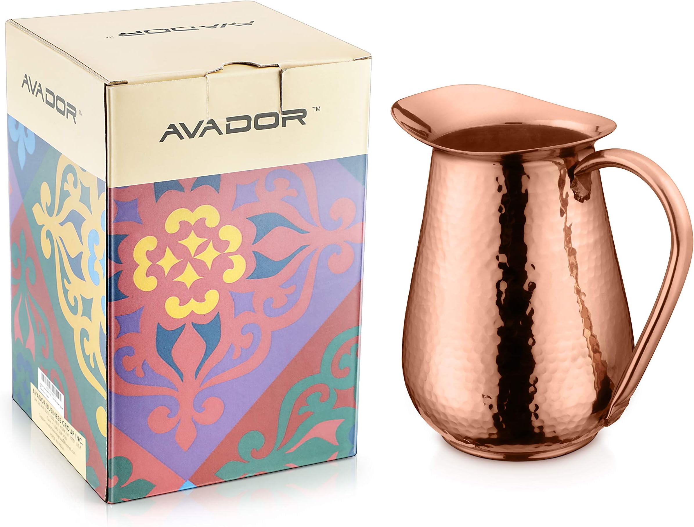 AVADOR Handcrafted 100% Pure Copper Jug Pitcher Drinkware Hammered Finish Ayurveda Health Benefit (Design 2)
