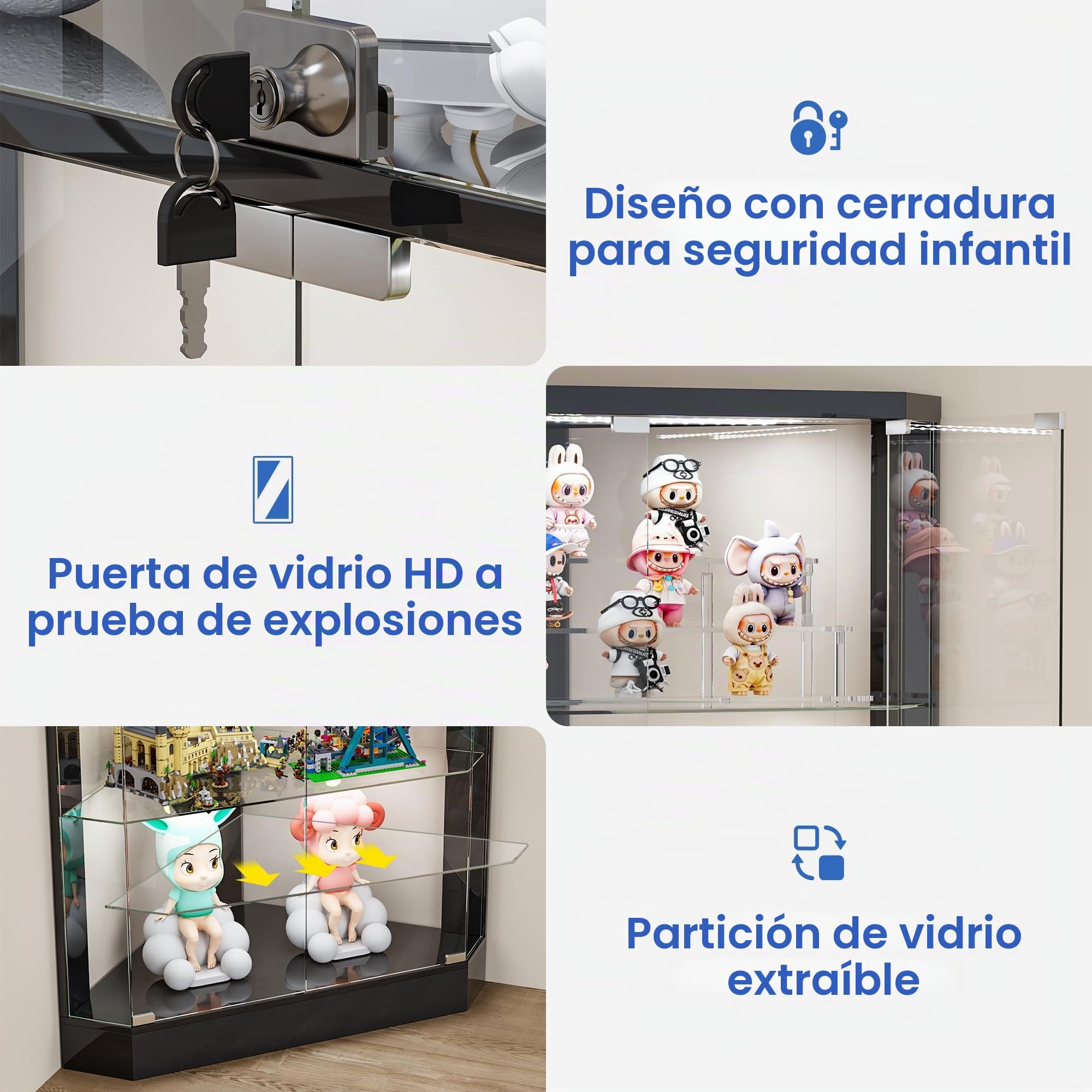 Lvifur Vitrina esquinera de 5 Niveles con Sensor de Presencia y Puertas de Cristal para Dormitorio/Estudio, Vitrina de Cristal de 175 cm con iluminación LED para coleccionistas y Sala de Estar,Negro