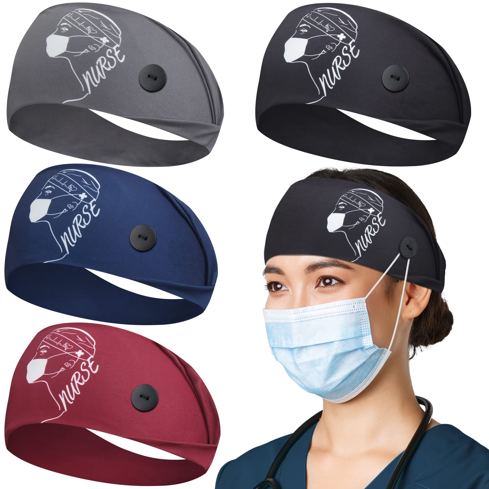 HoogaLife 4pcs Headbands with Buttons, Nurse Gifts for Women Turban Non-Slip Nurse Accessories Nursing Headbands Protect Your Hair and Ears - Nurse