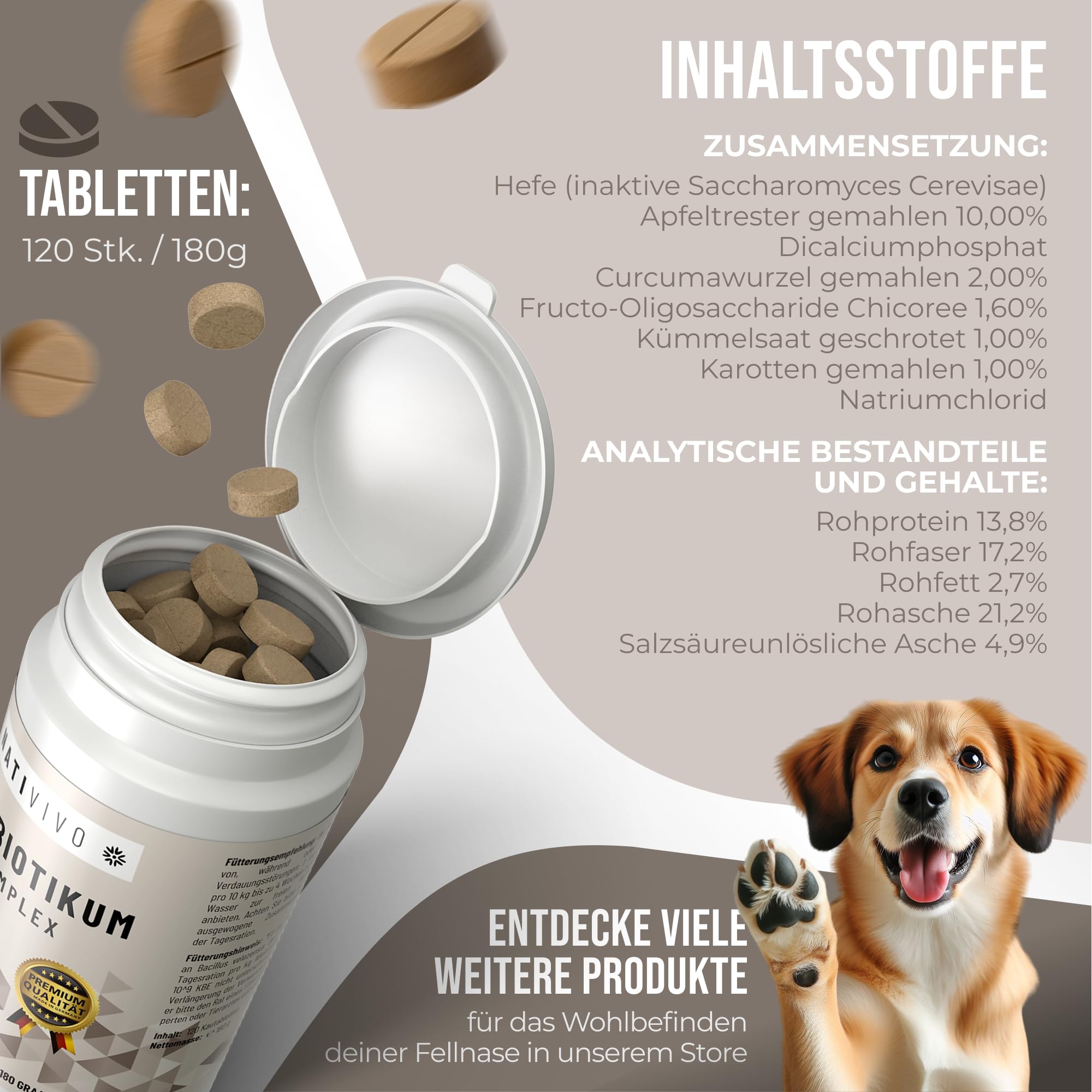 Probiotikum Komplex - Probiotika Darmkur Dia Tabs unterstützend bei Sodbrennen & Durchfall. Unterstützt das Immunsystem, die Verdauung, Darmflora & Darmsanierung bei Hunden. Made in Germany