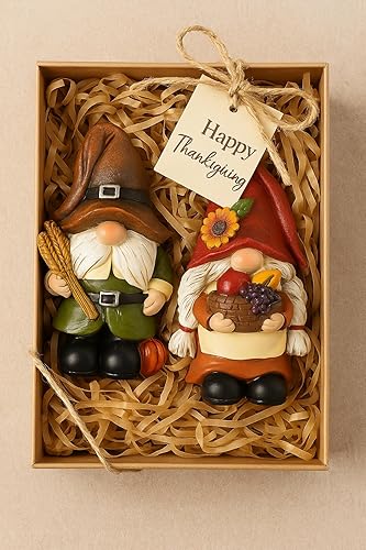 Miniatura 2 de iStatue Decoraciones de Acción de Gracias, figuras de gnomo de otoño, paquete de 2 figuras de resina de cosecha con calabazas, trigo y canasta,