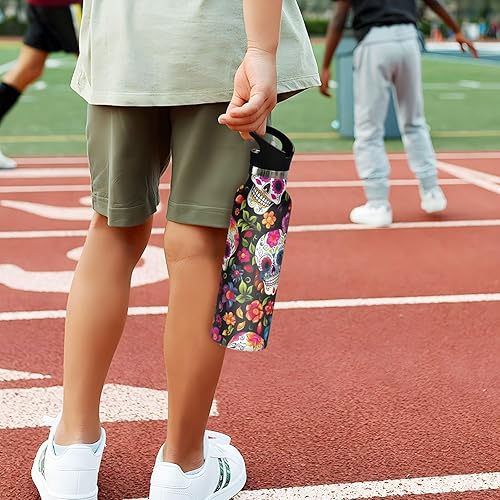 Miniatura 5 de Botella de agua para niños con popote para la escuela, botella de agua aislada a prueba de fugas, 20 onzas, sin BPA, calavera de azúcar floral