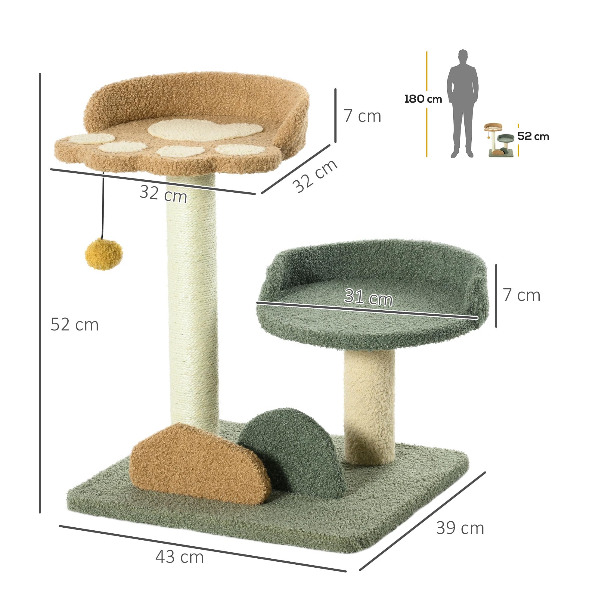 PawHut Małe drzewko dla kotów domowych, drapak z 2 łóżkami, piłka zabawkowa, 43 x 39 x 52 cm