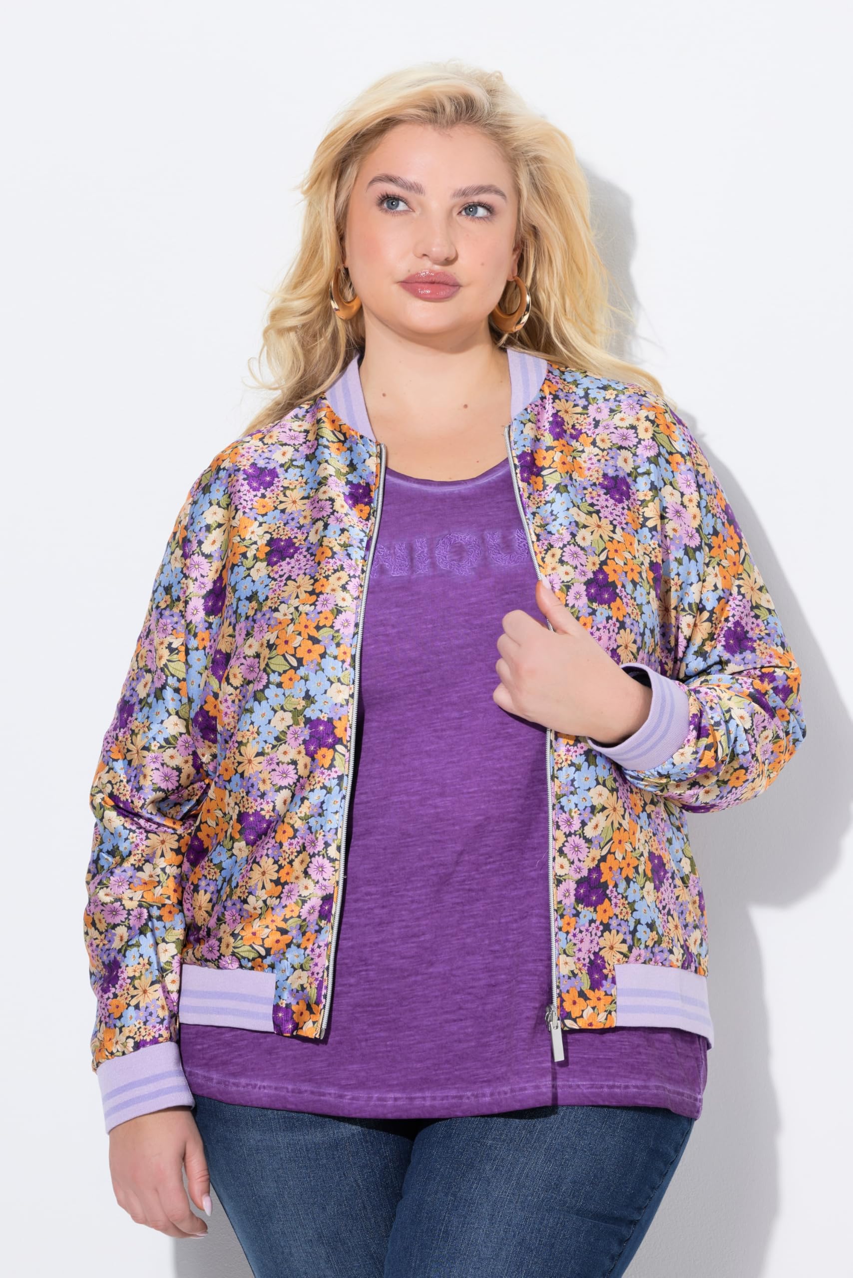 Ulla Popken Bomber Reversibile, Tinta Unita/Fiori, Colletto College, Bordi a Costine 835006