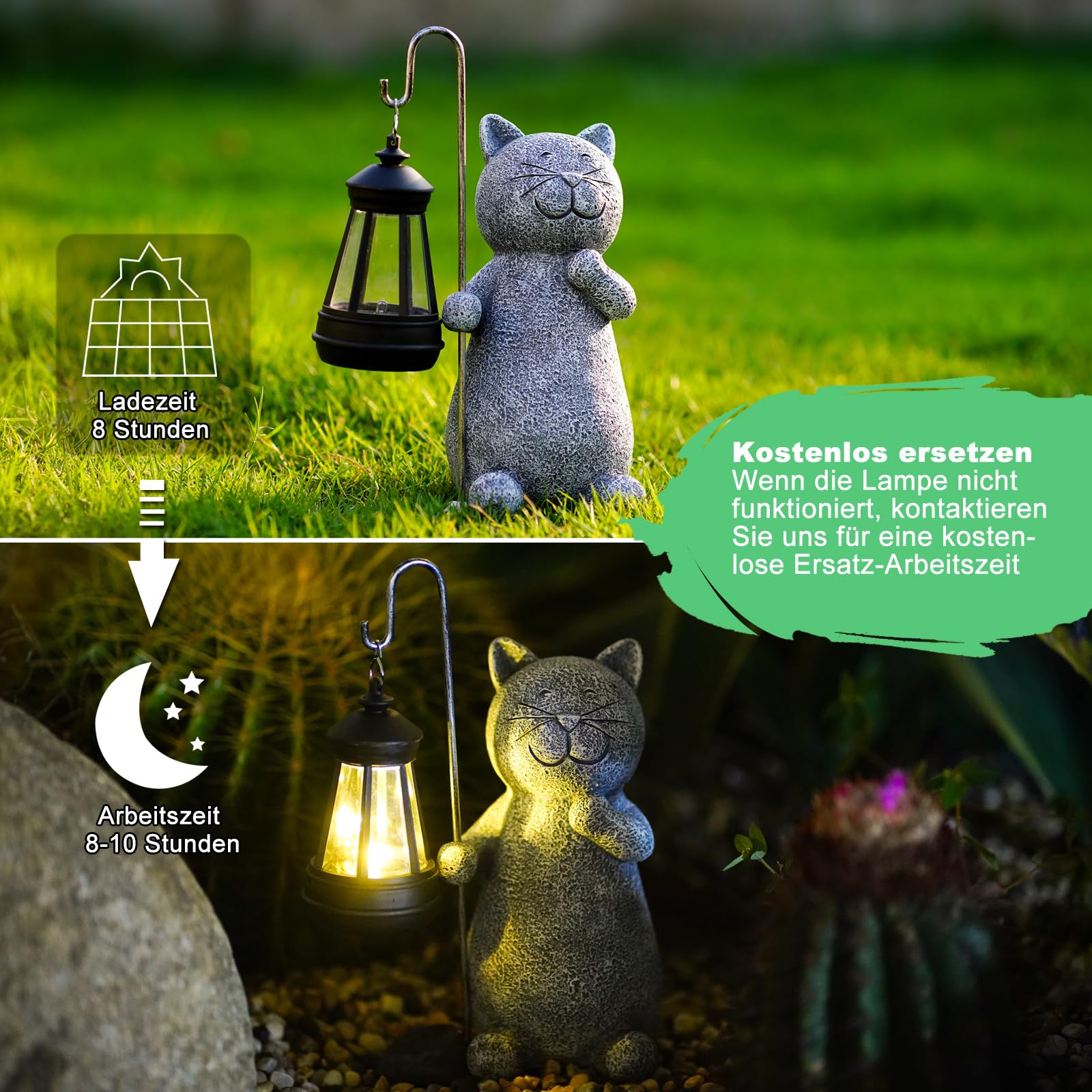 Yeomoo Katze Gartenfiguren für Außen mit Solar Laterne – Lustig Wasserdicht Solarlampe Figur Gartendeko für Draußen Balkon Terrassen Geschenke für Frauen Männer Mama Geburtstag Feengarten Grau