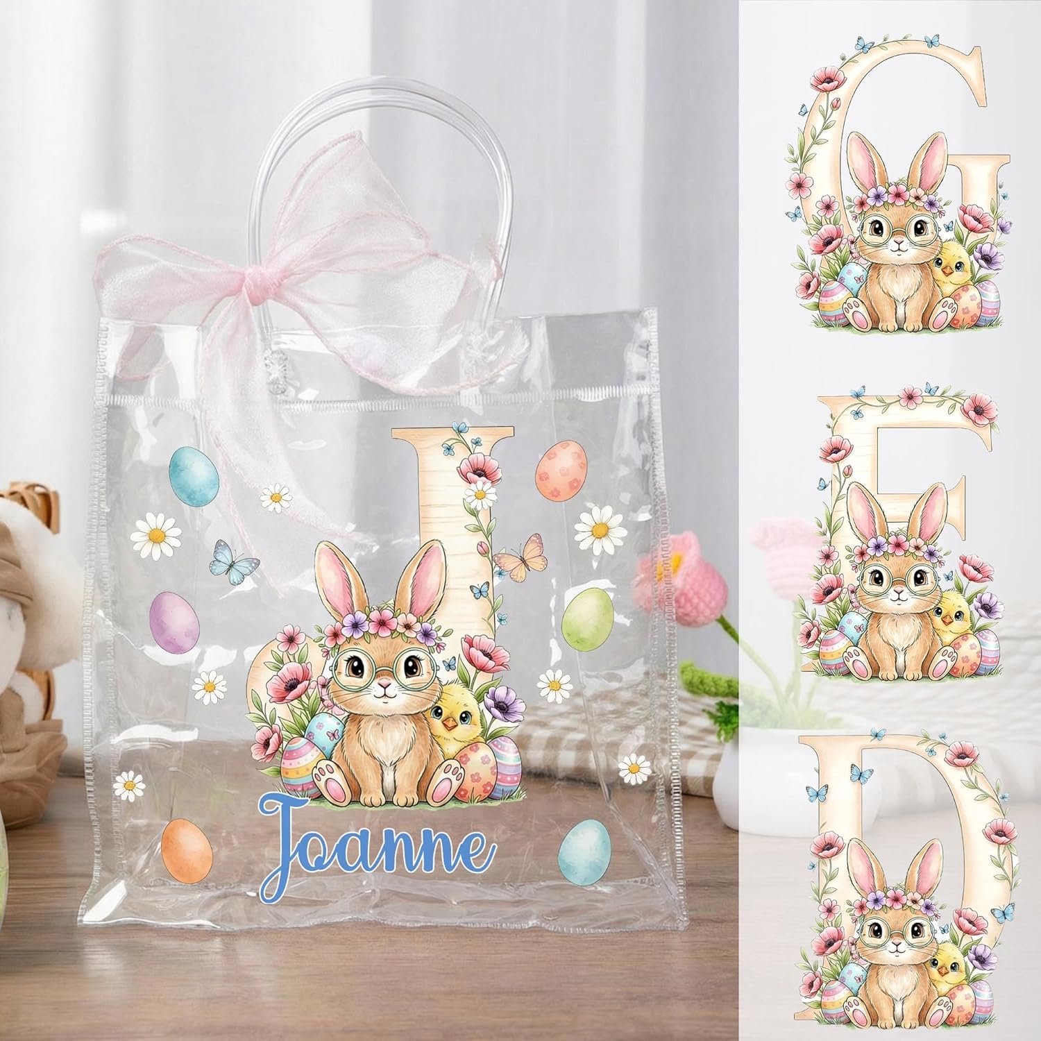 callie Personalized Easter Clear PVC Gift Bags - Custom Name & Initial, Easter Bunny Goodie Treat Bag with Handles & Ribbons, Party Favors Gifts for Kids Girls Boys (1 Pcs) - Image 8