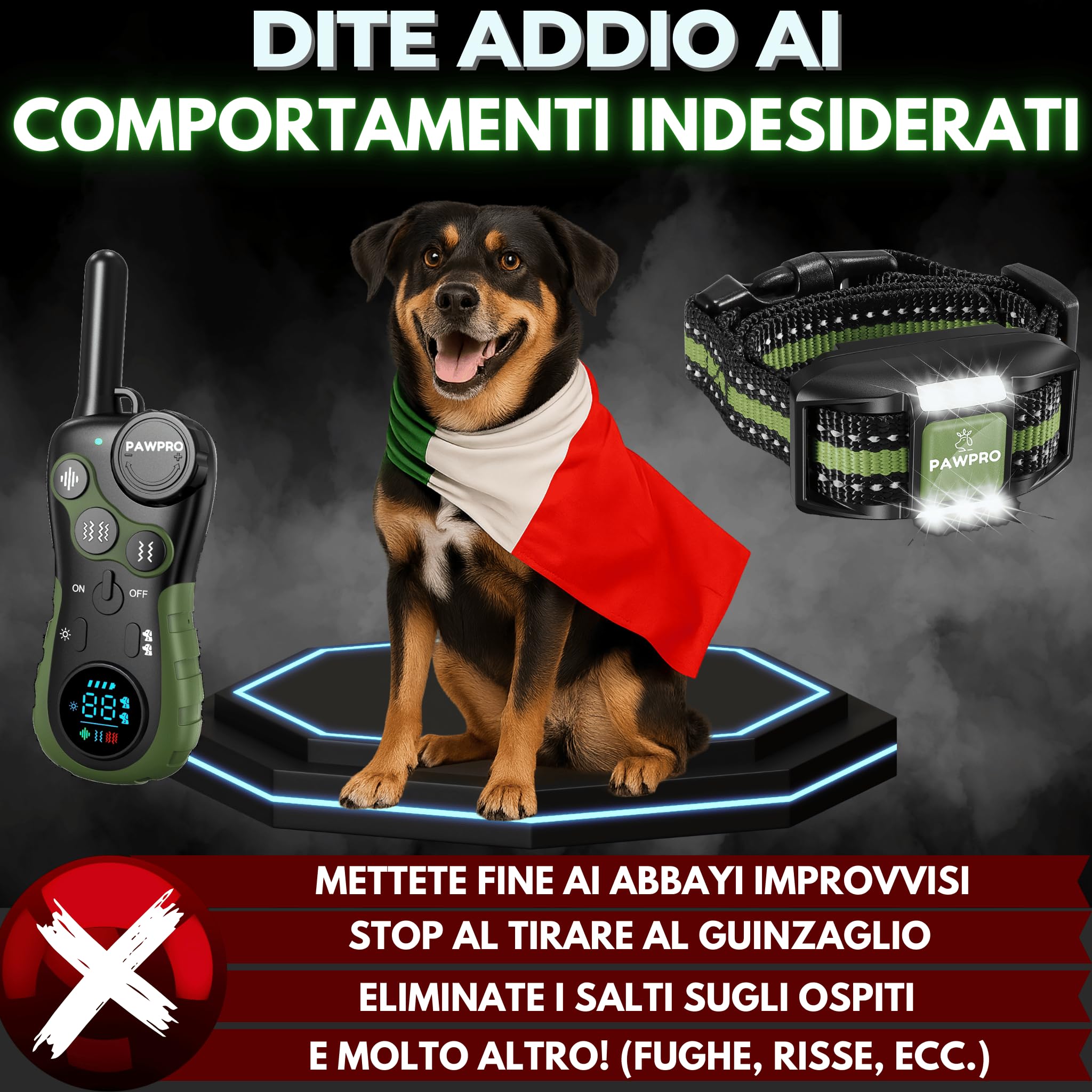 PAWPRO Collare di Addestramento, Conforme Nuova Legge Italiana Benessere Animale, Portata XXL 3 km, Modalità Luce Notturna, BIP Vibrazione Potenziata, Adatto Tutti Cani, Impermeabile (1 Collare)
