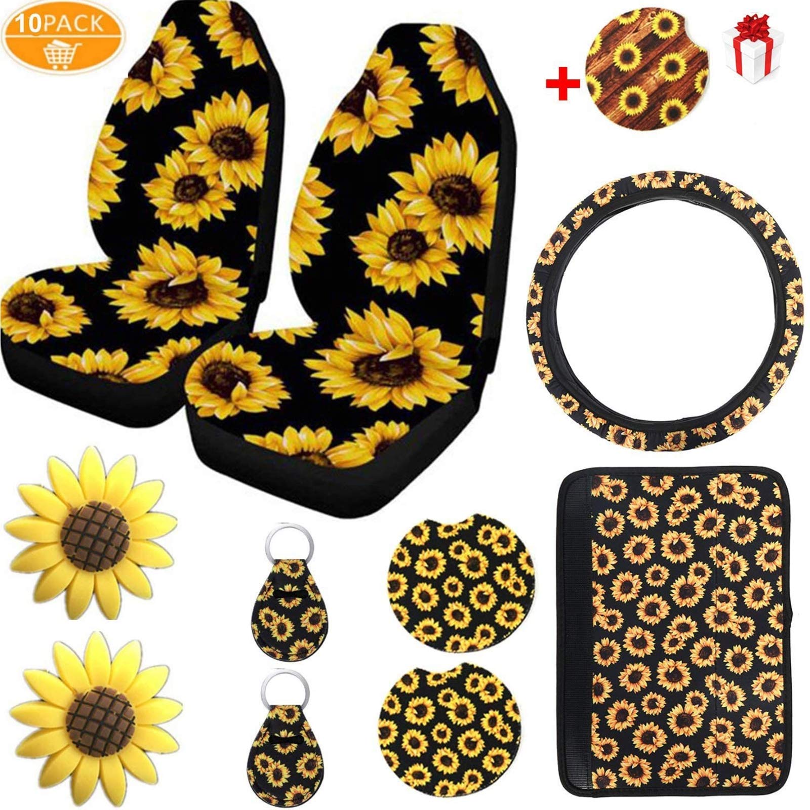 Coprisedili per auto con stampa vintage di girasoli + portachiavi + sottobicchieri + accessori per auto decorazione universale adatto alla maggior parte delle auto SUV, facile da installare