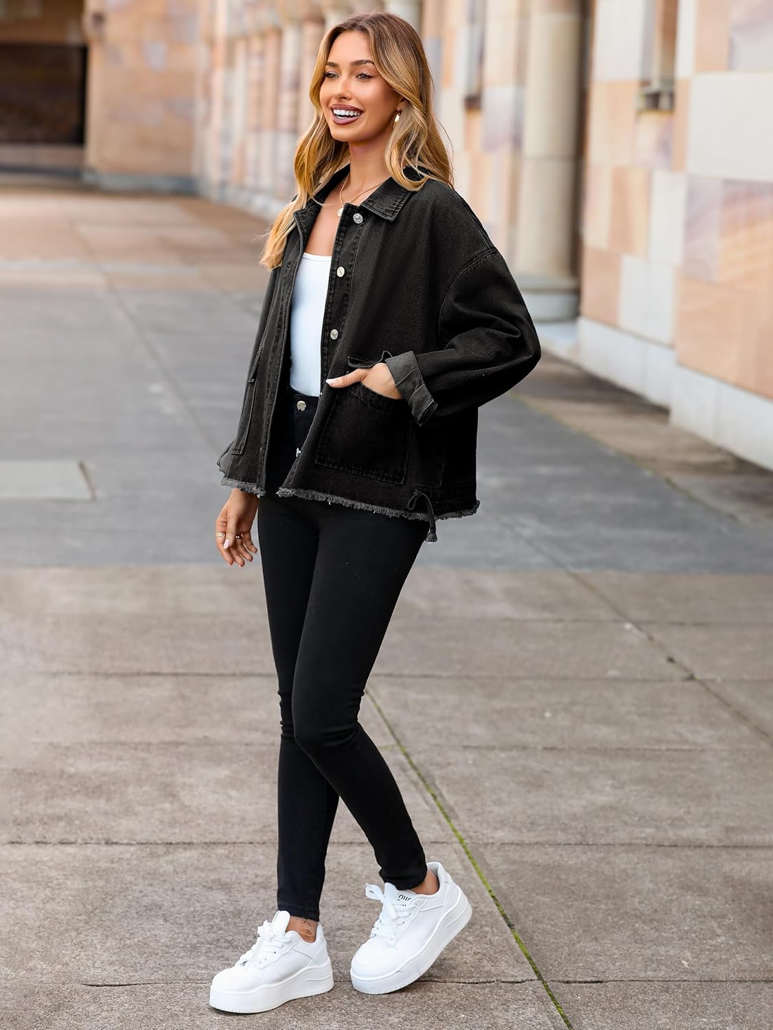 Glamaker Womens Jean Jackets Cropped Casual Denim Jacket Button Down Vintage Loose Frayed Hem Fall Coat with Pockets - Image 2