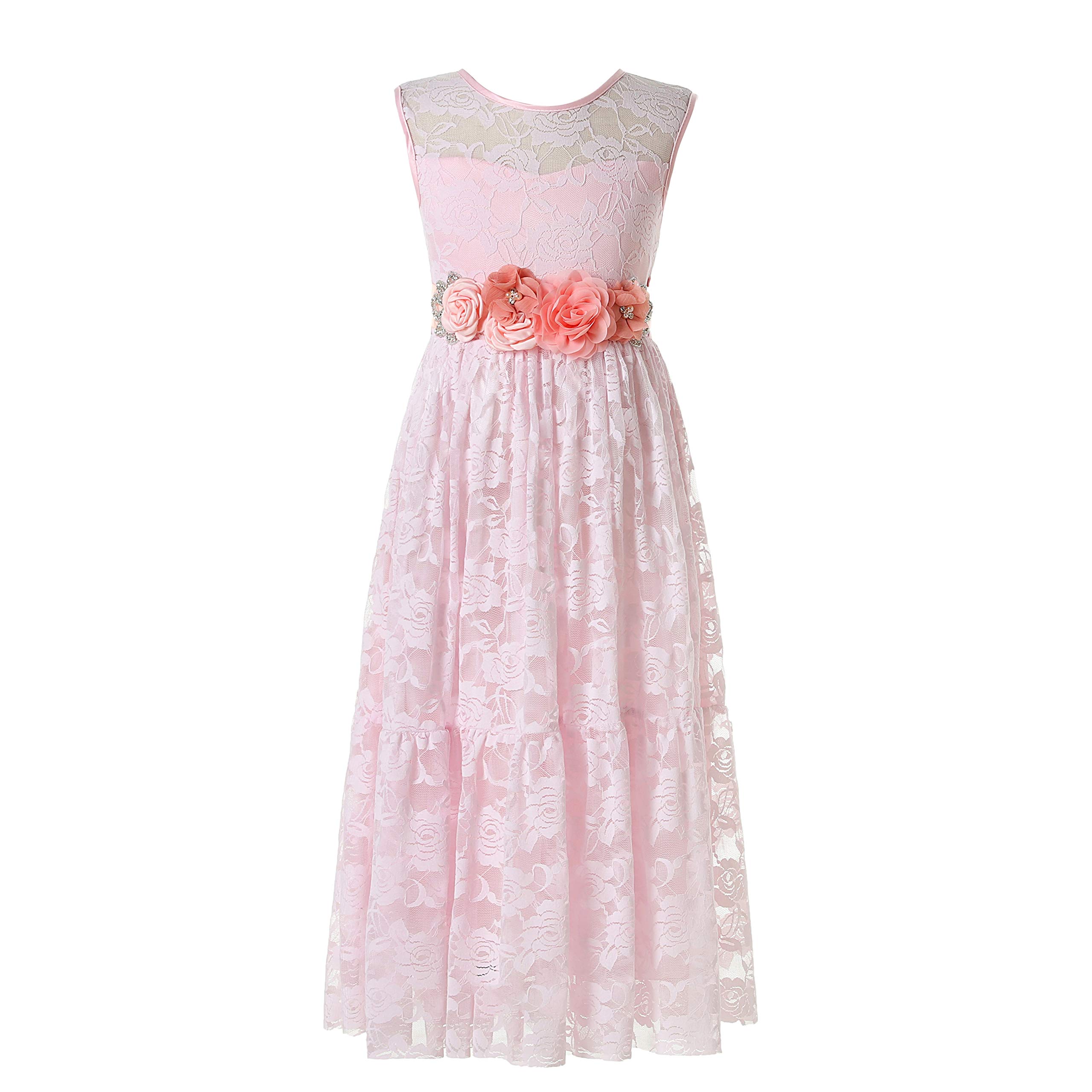 WeileeniceBig/Little Girls Lace Bridesmaid Dress with Belt Sheer Back Bohemian Kids Wedding Pageant Party Maxi Dresses