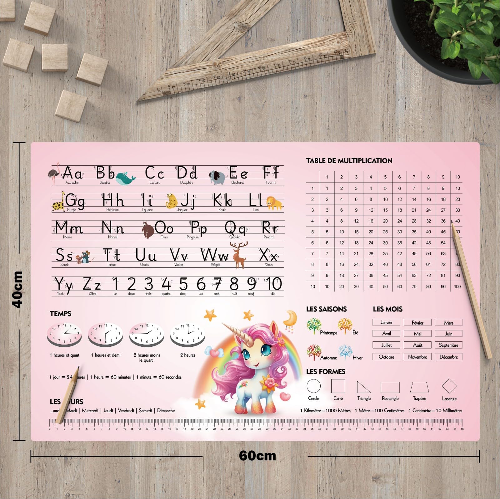 Éducatif Sous-main pour Enfant 40x60cm - Français - Thème Licorne - ABC avec Animaux - 1X1 - Formes - Heures - Tapis de Bureau Imperméable - Cuir PU Double Face effaçable facile à Nettoyer